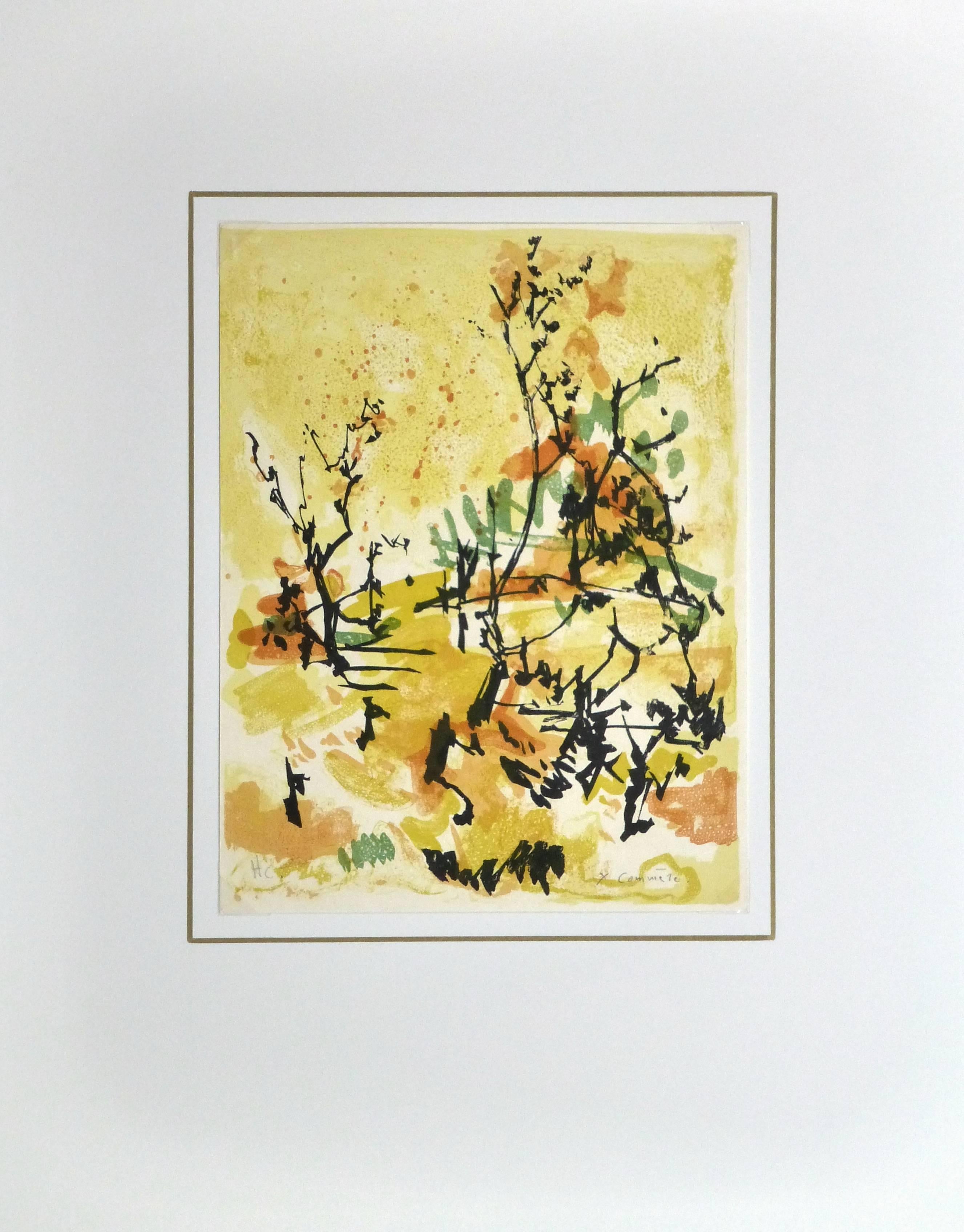 Warmly hued fine art lithograph of a abstract rural landscape by French artist Jean Yves Commère, circa 1960. Signed lower right.

Original artwork on paper displayed on a white mat with a gold border. Archival plastic sleeve and Certificate of