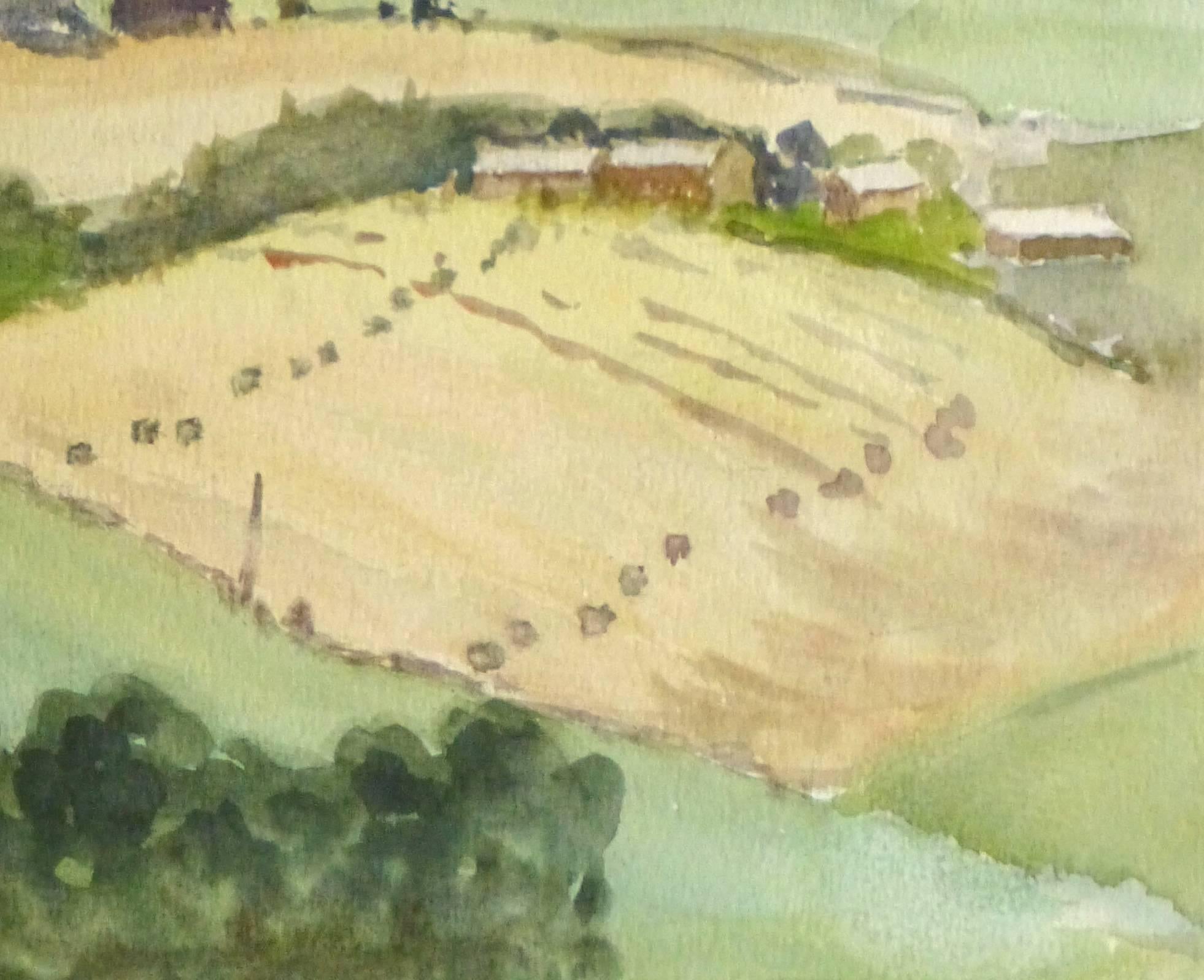 Aquarelle anglaise - Campagne de collines vallonnées - Art de M. Powell