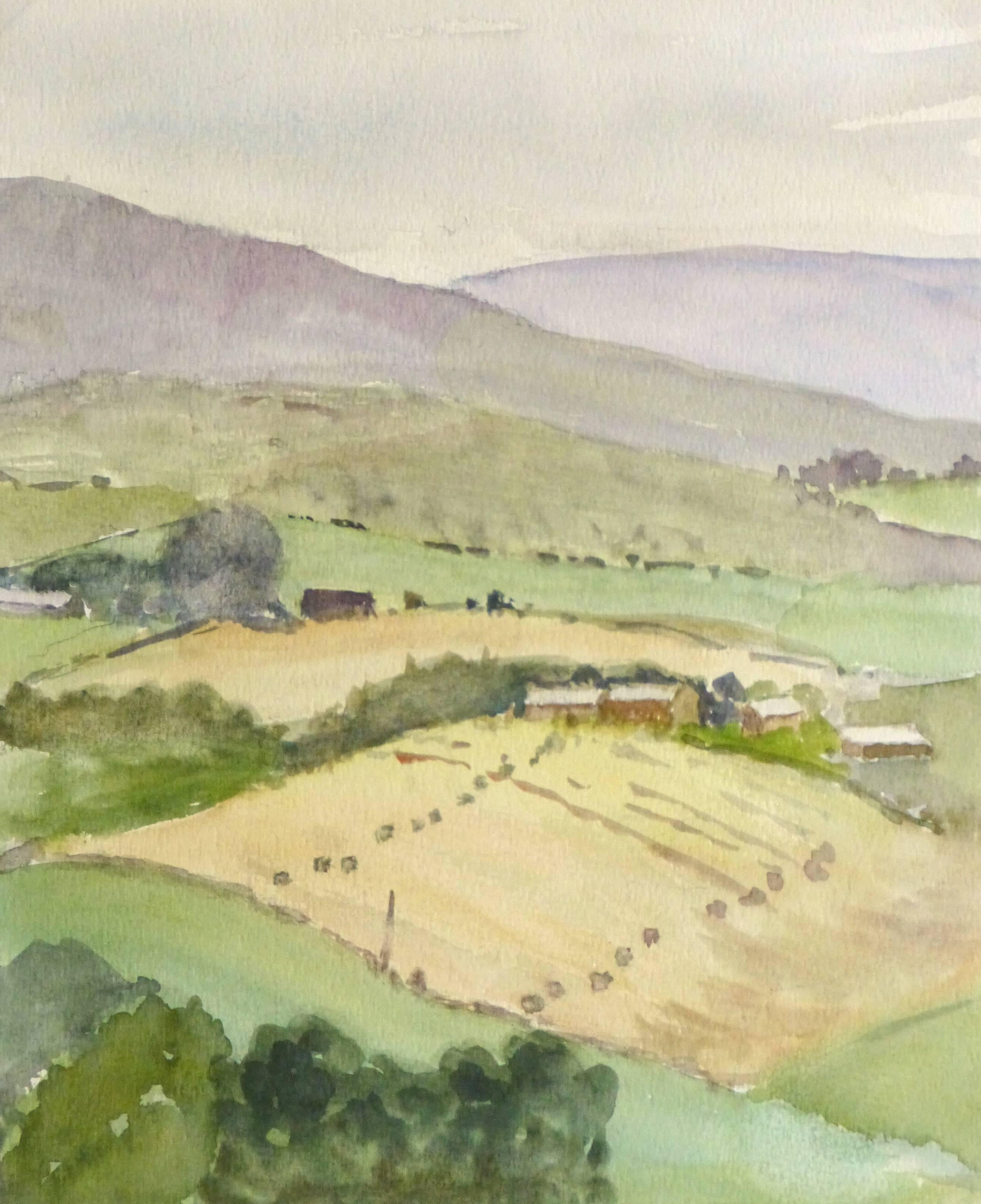 M. Powell Landscape Art - English Watercolor - Countryside Rolling Hills
