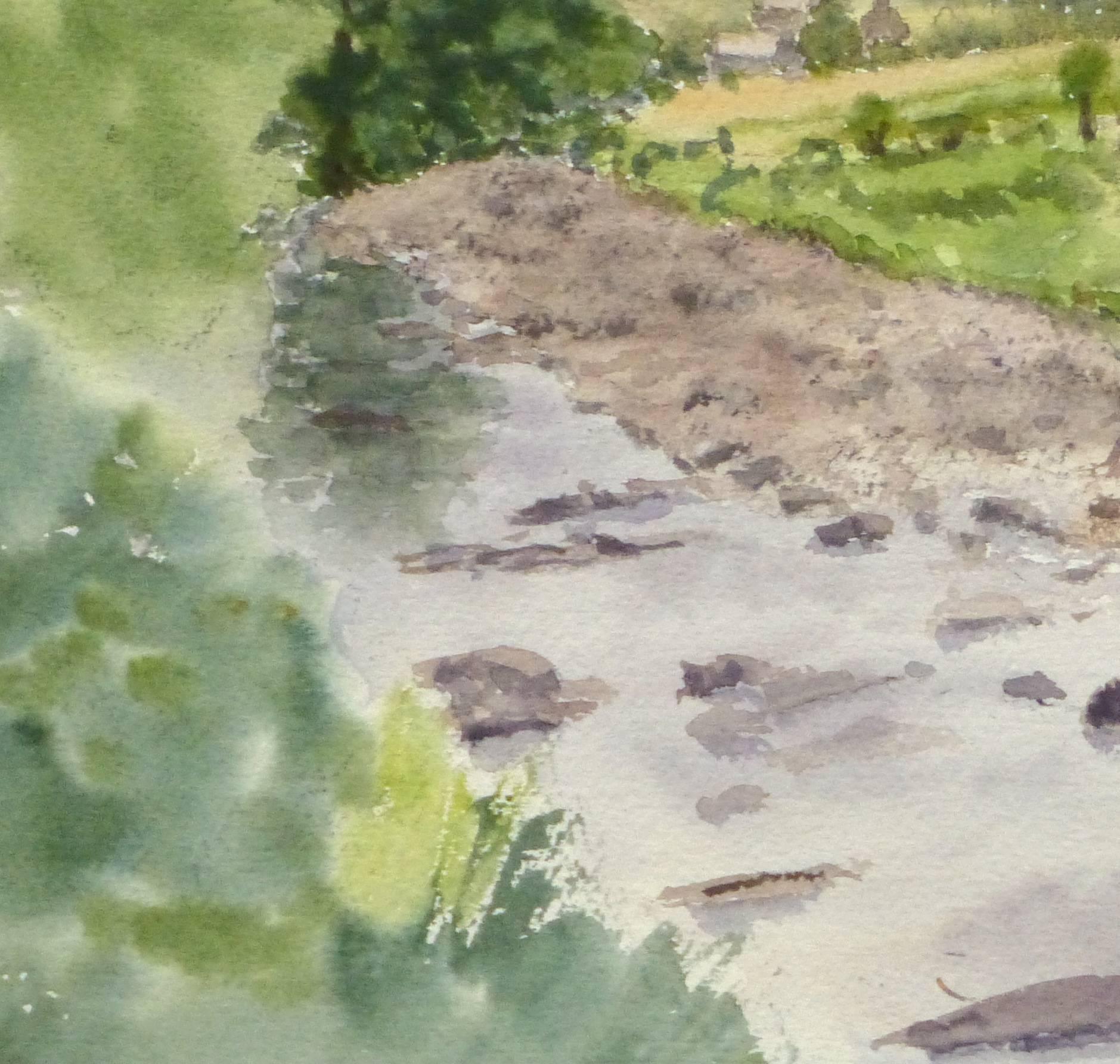 English Watercolor -  Countryside Winding Creek  - Art by M. Powell