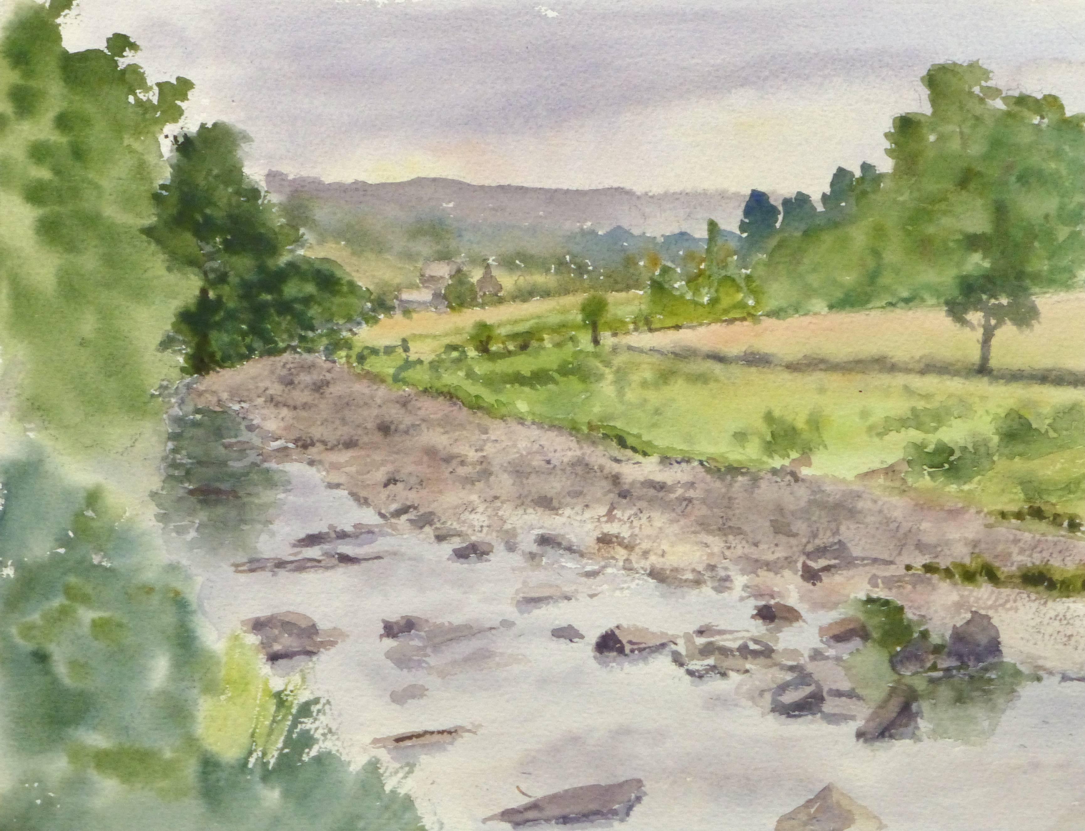 M. Powell Landscape Art - English Watercolor -  Countryside Winding Creek 