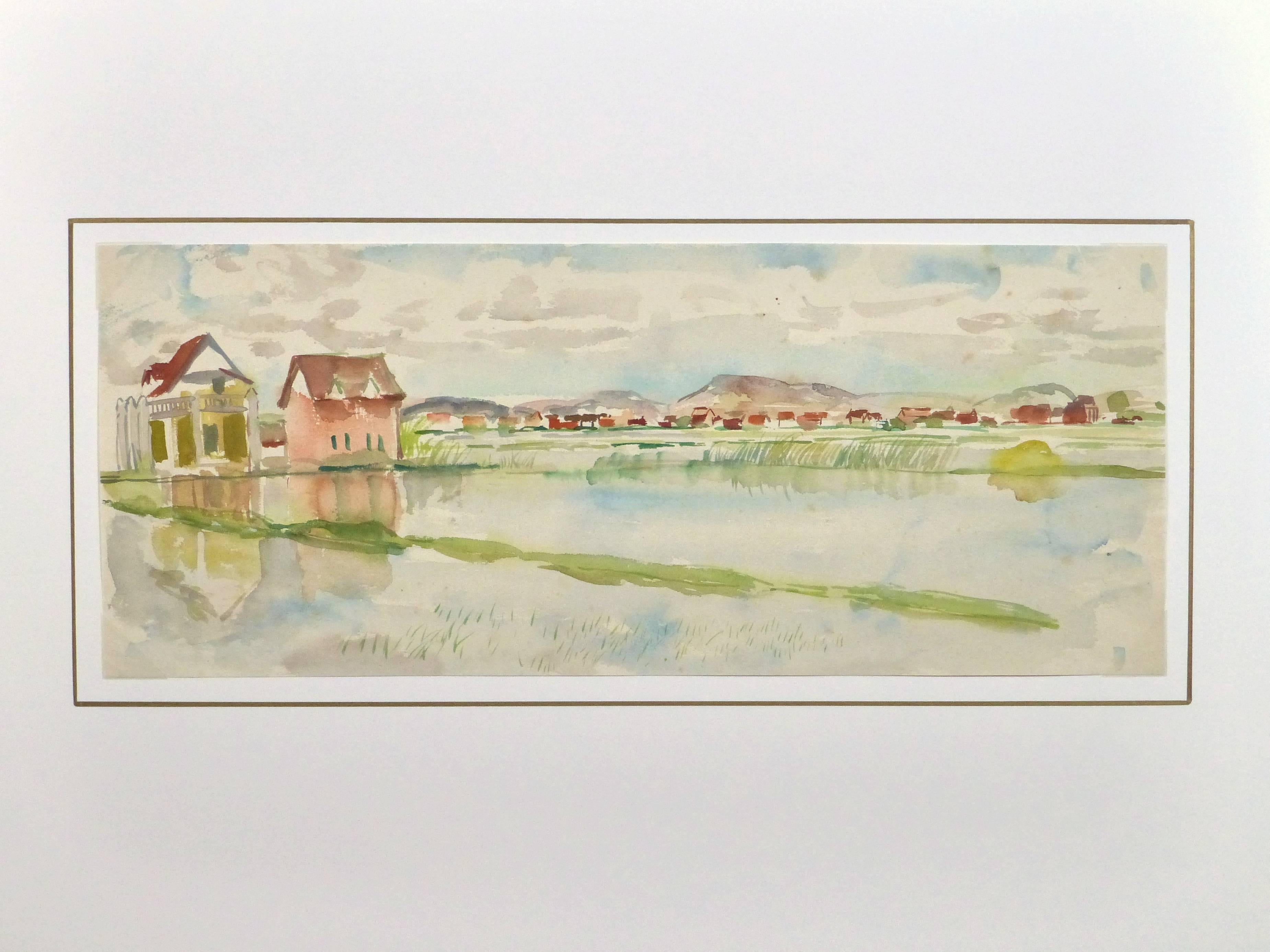 Tranquille aquarelle d'une rizière entourée d'un petit village agricole par l'artiste français Stéphane Magnard, vers 1950.

Œuvre d'art originale sur papier présentée sur un tapis blanc avec une bordure dorée. Pochette plastique d'archivage et