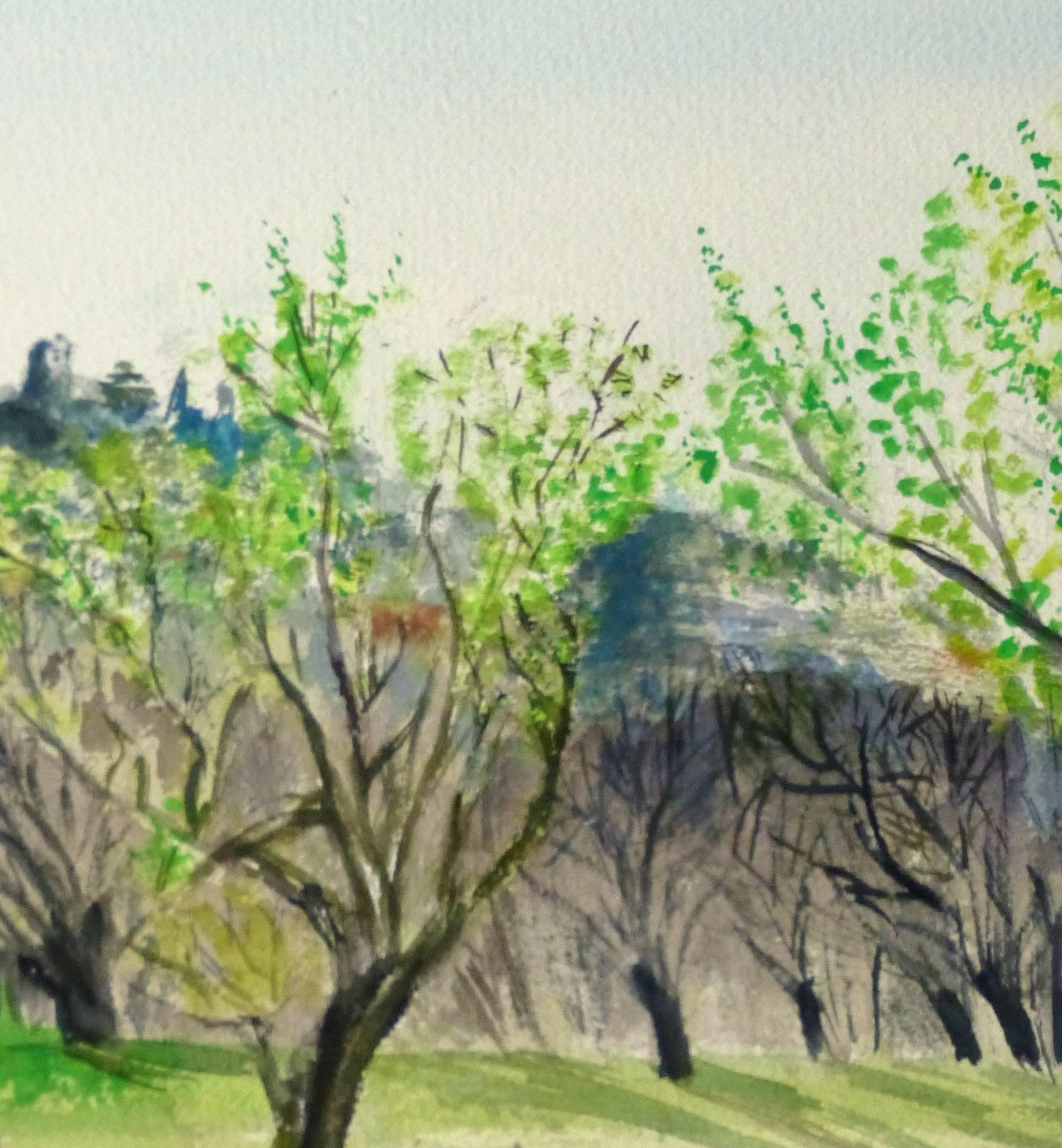 French Watercolor - The Clearing - Beige Landscape Art by Unknown