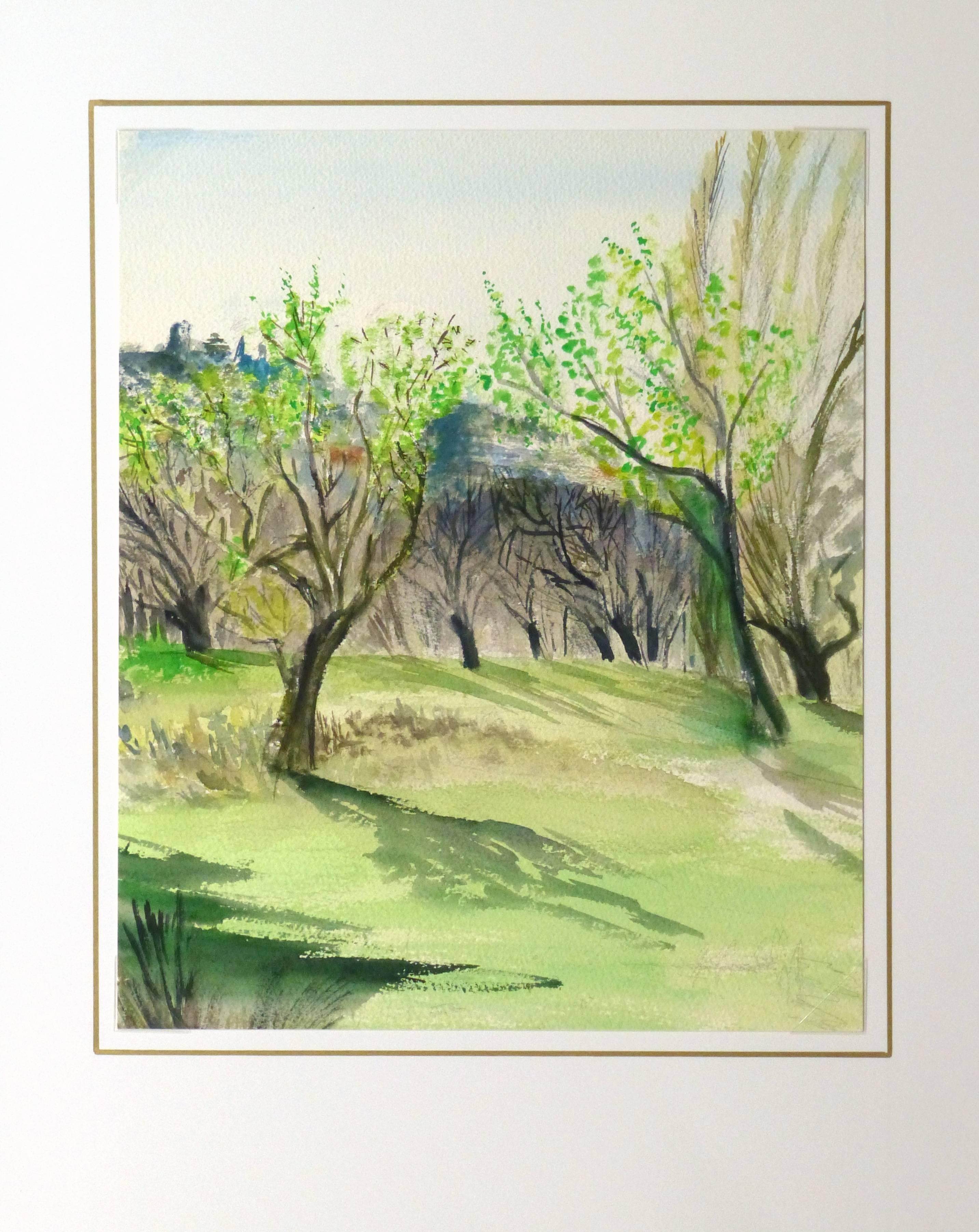 Serene watercolor landscape of small clearing on the edge of woods under a clear sky, circa 1970. 

Original artwork on paper displayed on a white mat with a gold border. Archival plastic sleeve and Certificate of Authenticity included. Artwork,