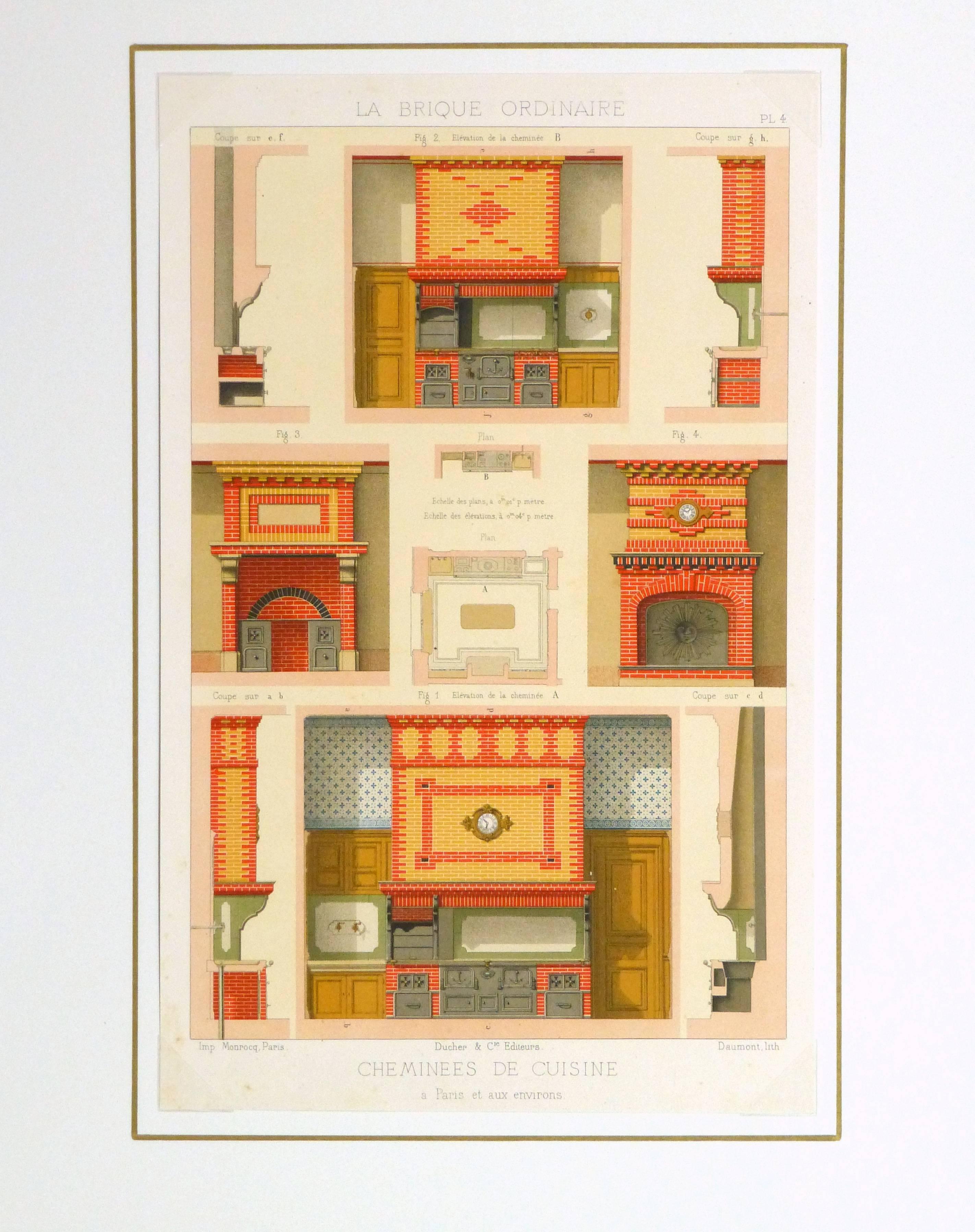 Vividly colored antique French lithograph of various styles of kitchen fireplaces, 1881. 

Original artwork on paper displayed on a white mat with a gold border. Archival plastic sleeve and Certificate of Authenticity included. Artwork, 10.25