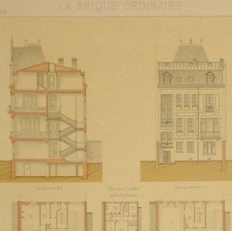 French Antique Lithograph - Hotel Plans - Beige Print by Unknown