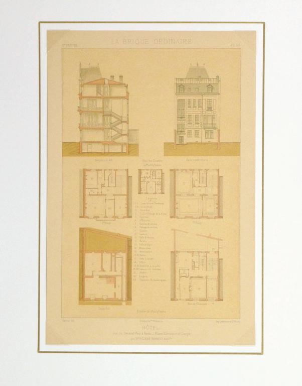 Charming antique French color lithograph of plans for a Parisian hotel, 1881. 

Original artwork on paper displayed on a white mat with a gold border. Archival plastic sleeve and Certificate of Authenticity included. Artwork, 10.5