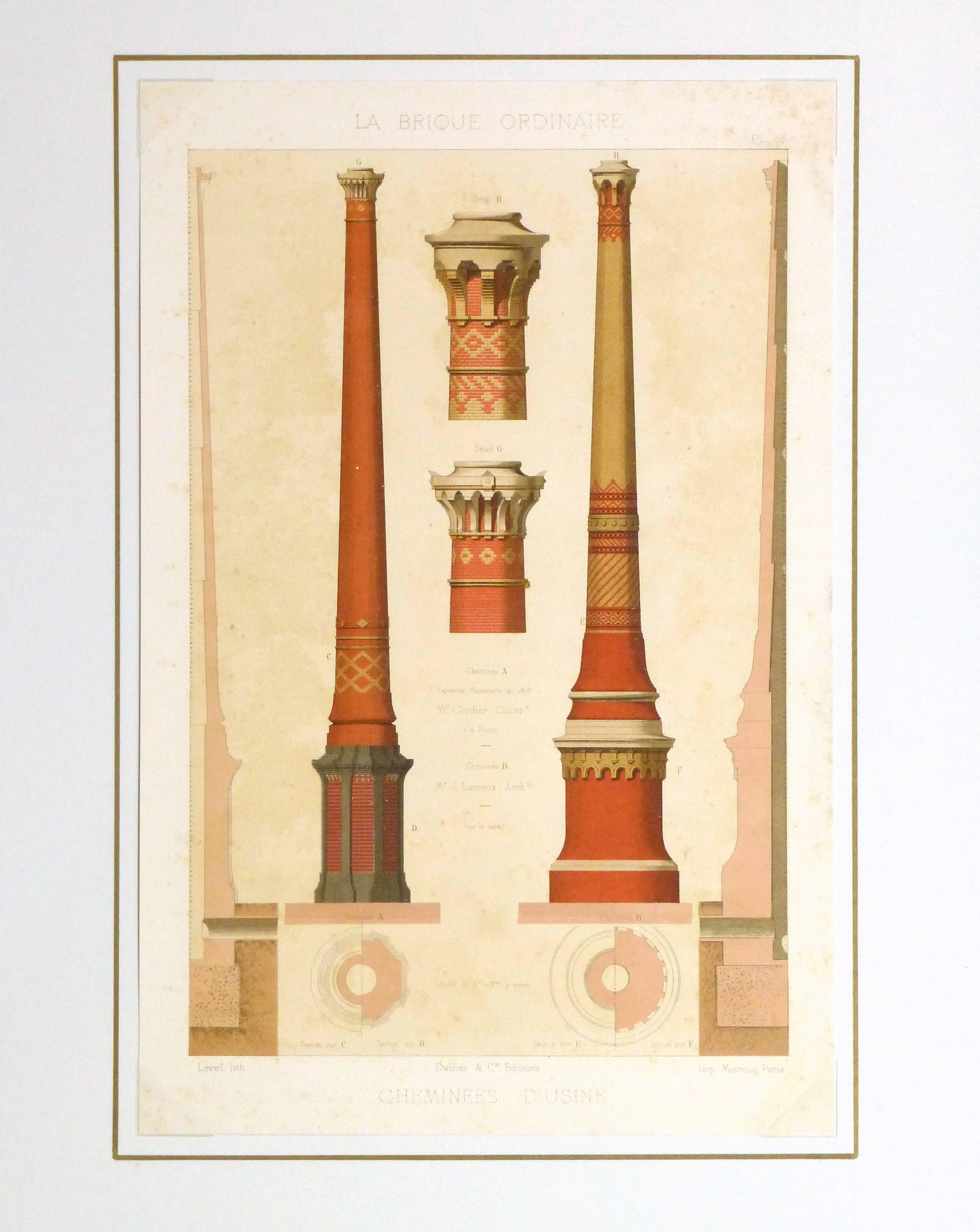 Richly colored antique French lithograph of elaborately detailed chimney stacks from factories, 1881.

Original artwork on paper displayed on a white mat with a gold border. Archival plastic sleeve and Certificate of Authenticity included.