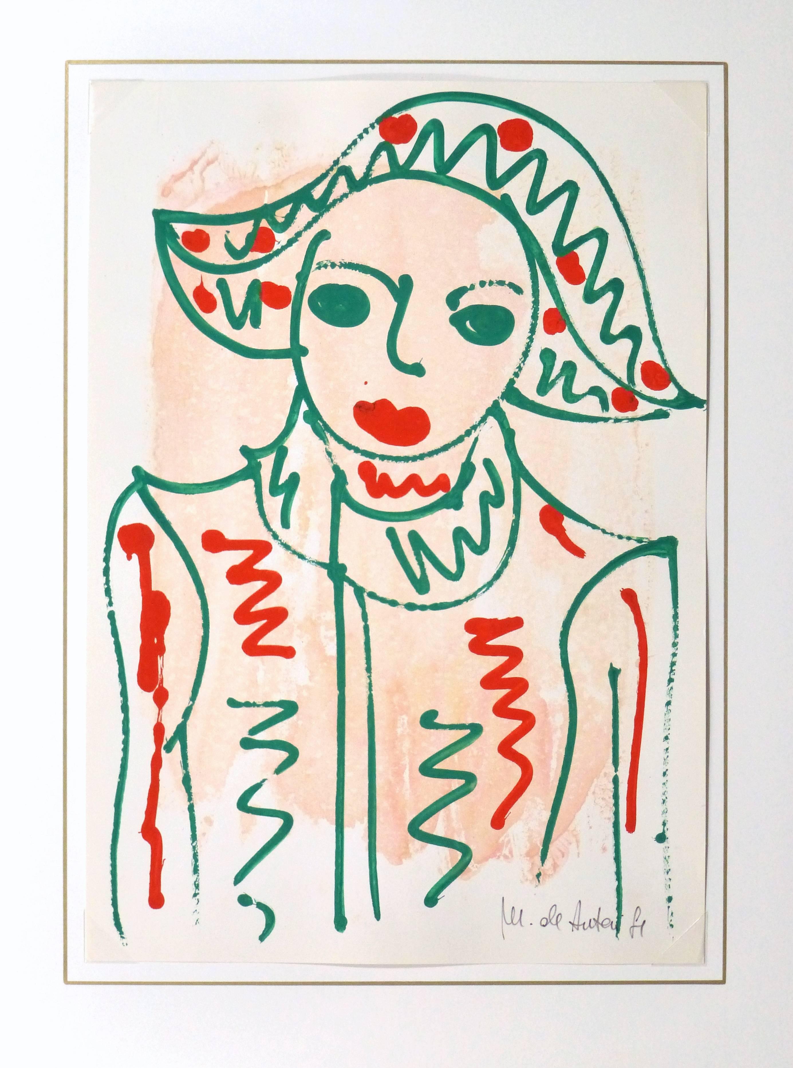 Whimsical abstract portrait in bright hues of red and green by M. DeAnteri, 1981. Signed and dated lower right.

Original artwork on paper displayed on a white mat with a gold border. Archival plastic sleeve and Certificate of Authenticity included.