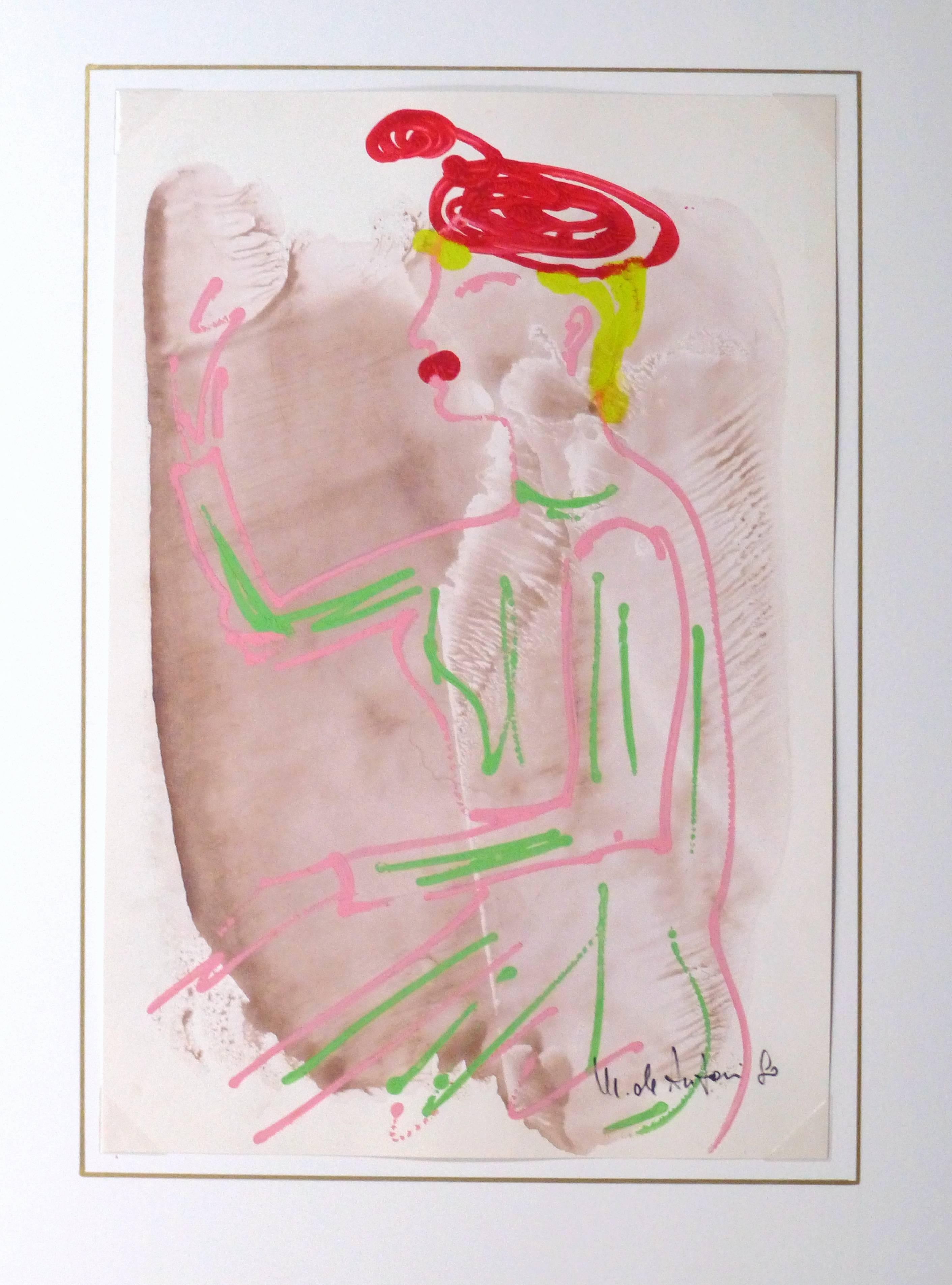 Verspieltes abstraktes Porträt einer weiblichen Figur mit stilvollem Hut von M. DeAnteri:: 1980. Unten rechts signiert und datiert. 

Originalkunstwerk auf Papier auf einem weißen Passepartout mit Goldrand. Inklusive archivierter Plastikhülle und