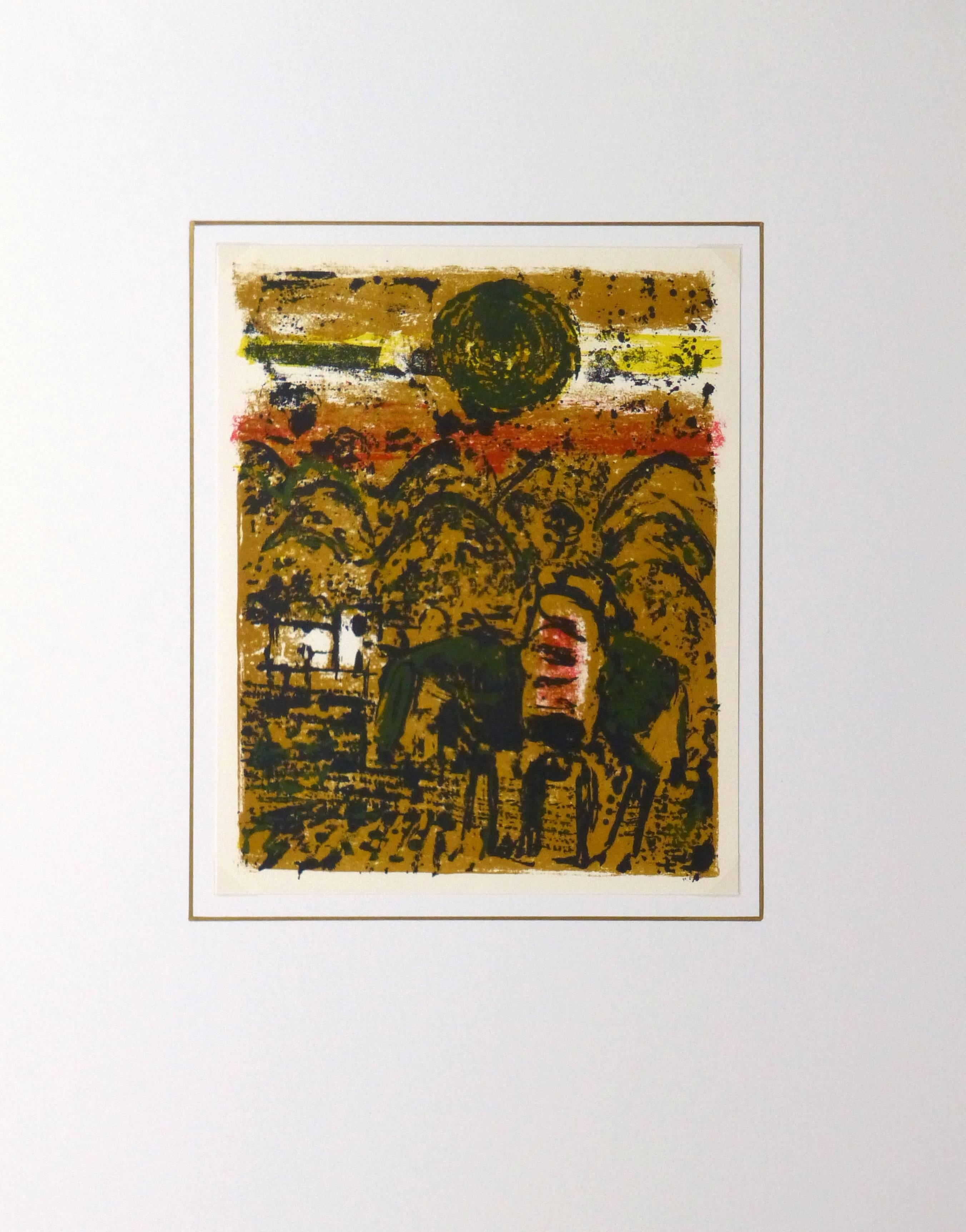 Inviting fine art French lithograph of a figure on horseback backed by a mid day sun over the mountains by artist Paul Guiramand, circa 1965.

Original artwork on paper displayed on a white mat with a gold border. Archival plastic sleeve and