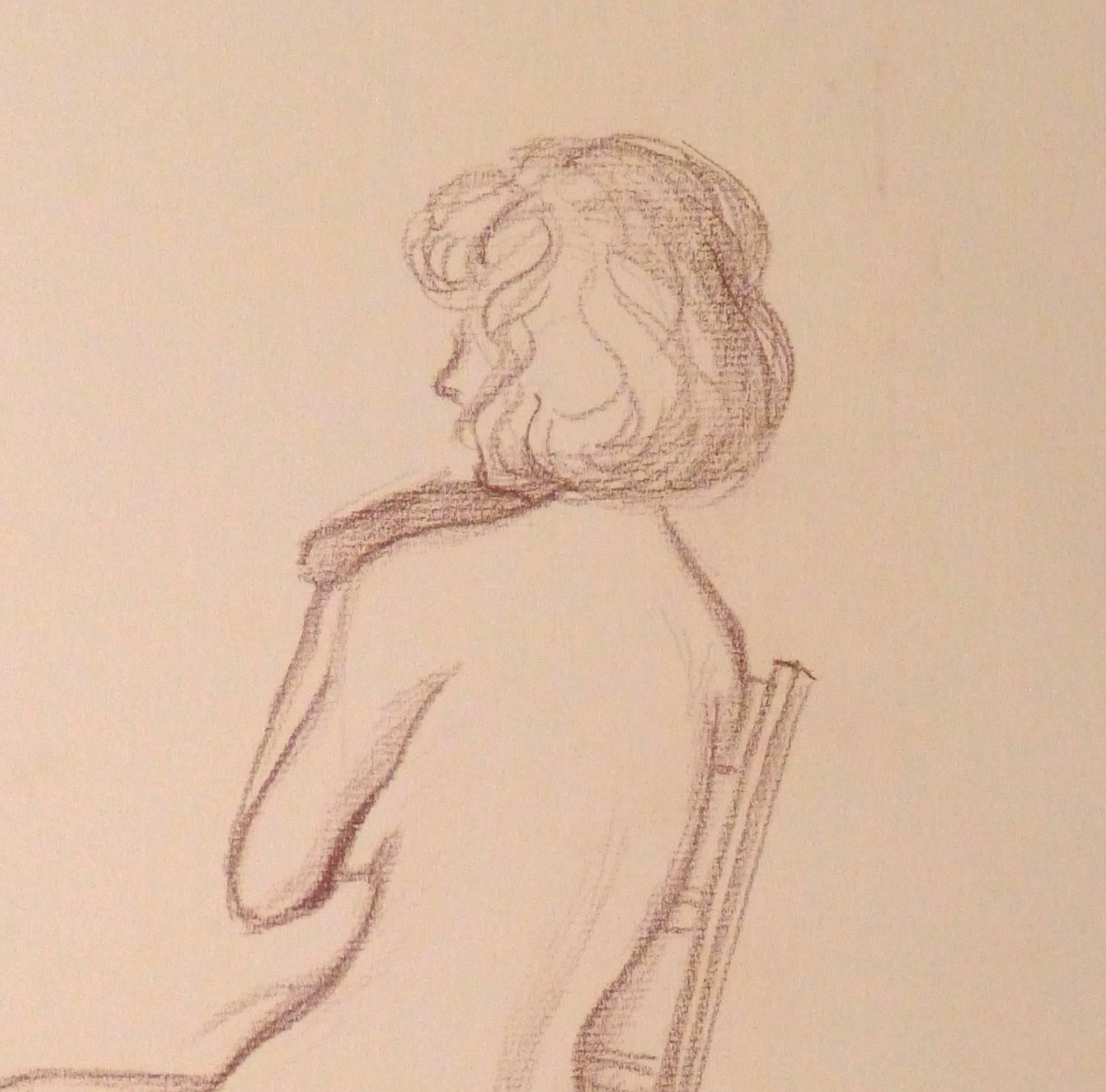 Nude French charcoal sketch of a bashful looking female figure posed with her back to the artist by Maurice Porte, 1996. Dated lower right.

Original artwork on paper displayed on a white mat with a gold border. Archival plastic sleeve and