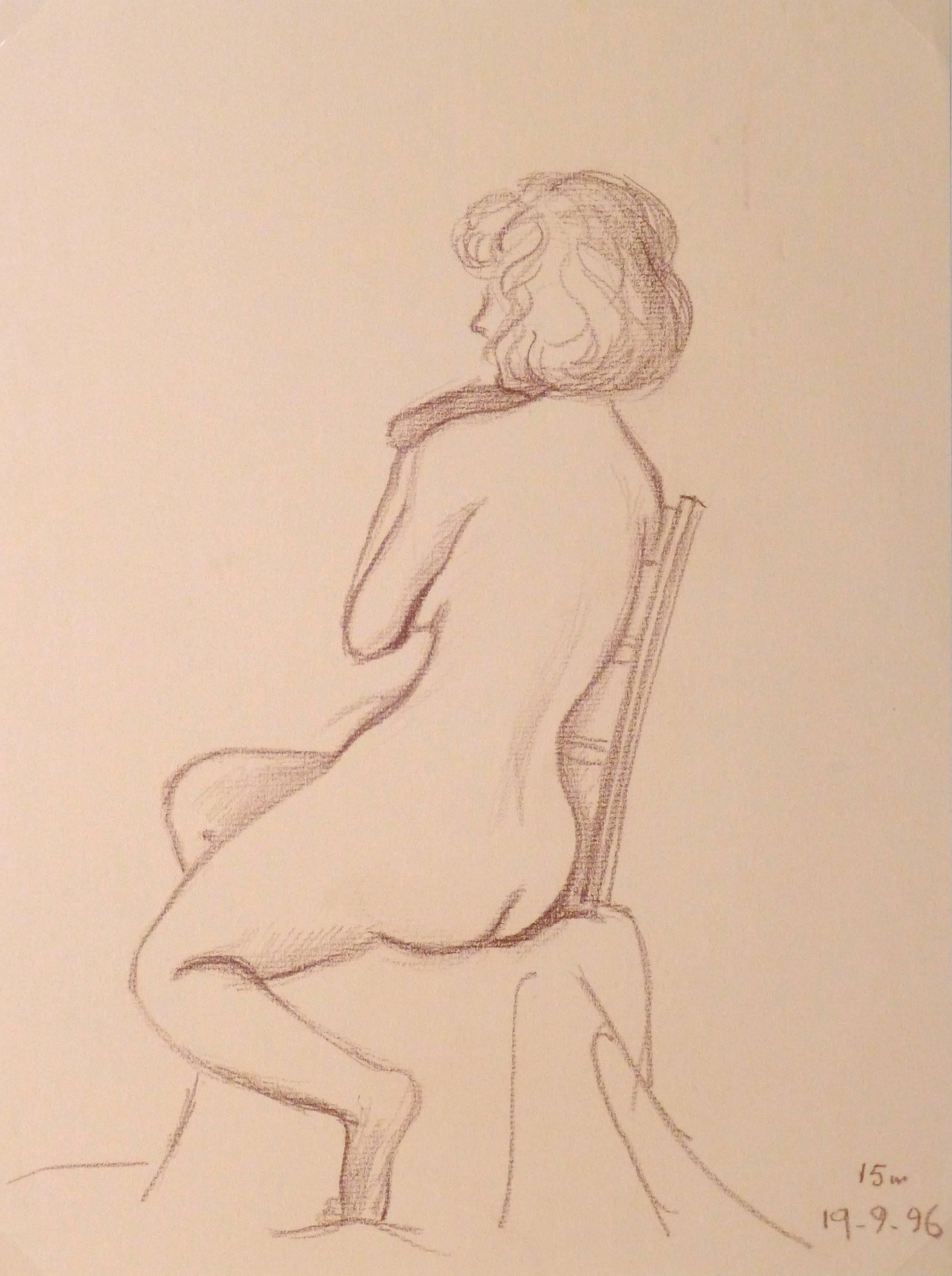 French Charcoal Sketch - Timid Nude - Art by Maurice Porte