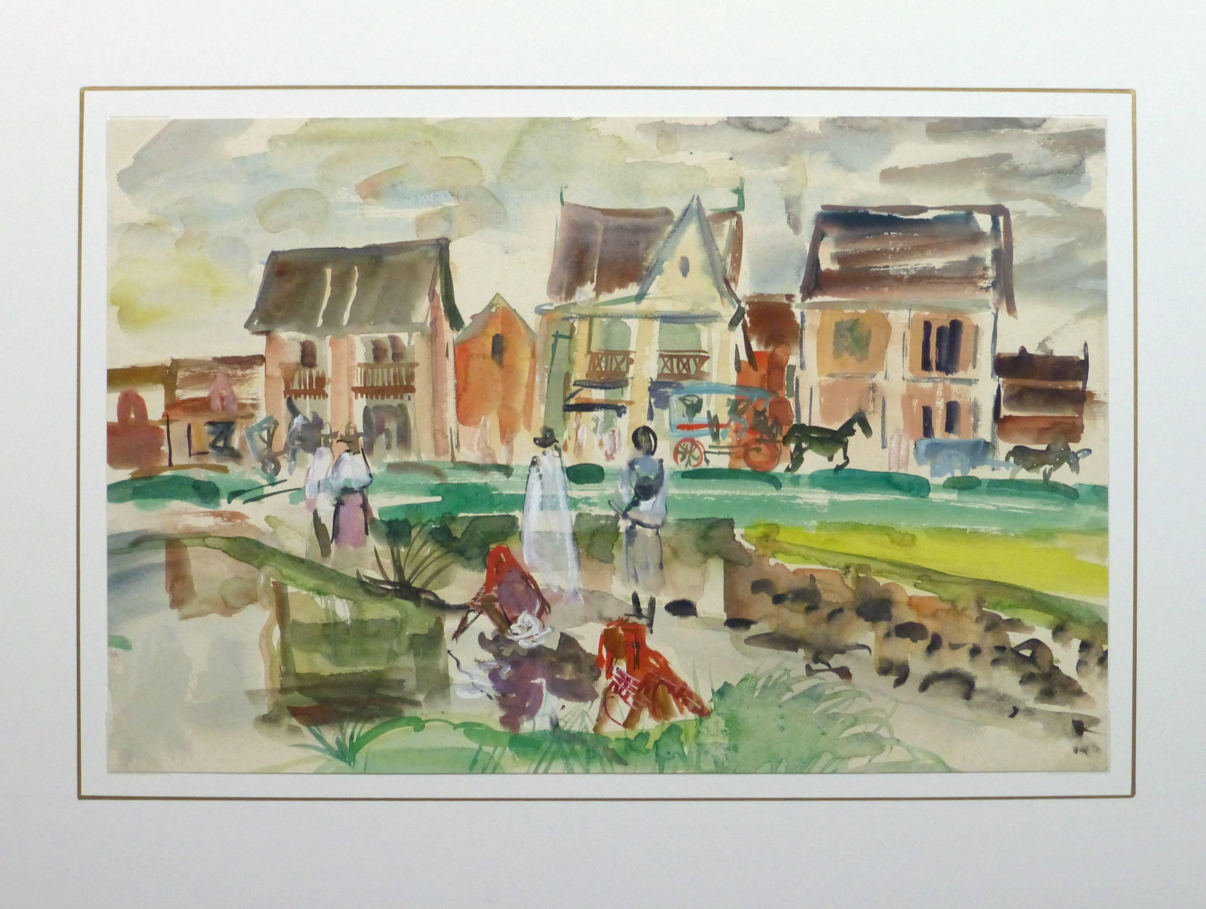 Vibrante e invitante acquerello di un'affollata scena cittadina del Madagascar, opera dell'artista francese Stéphane Magnard, 1950 circa. 

Opera d'arte originale su carta esposta su un tappetino bianco con bordo dorato. Custodia in plastica per
