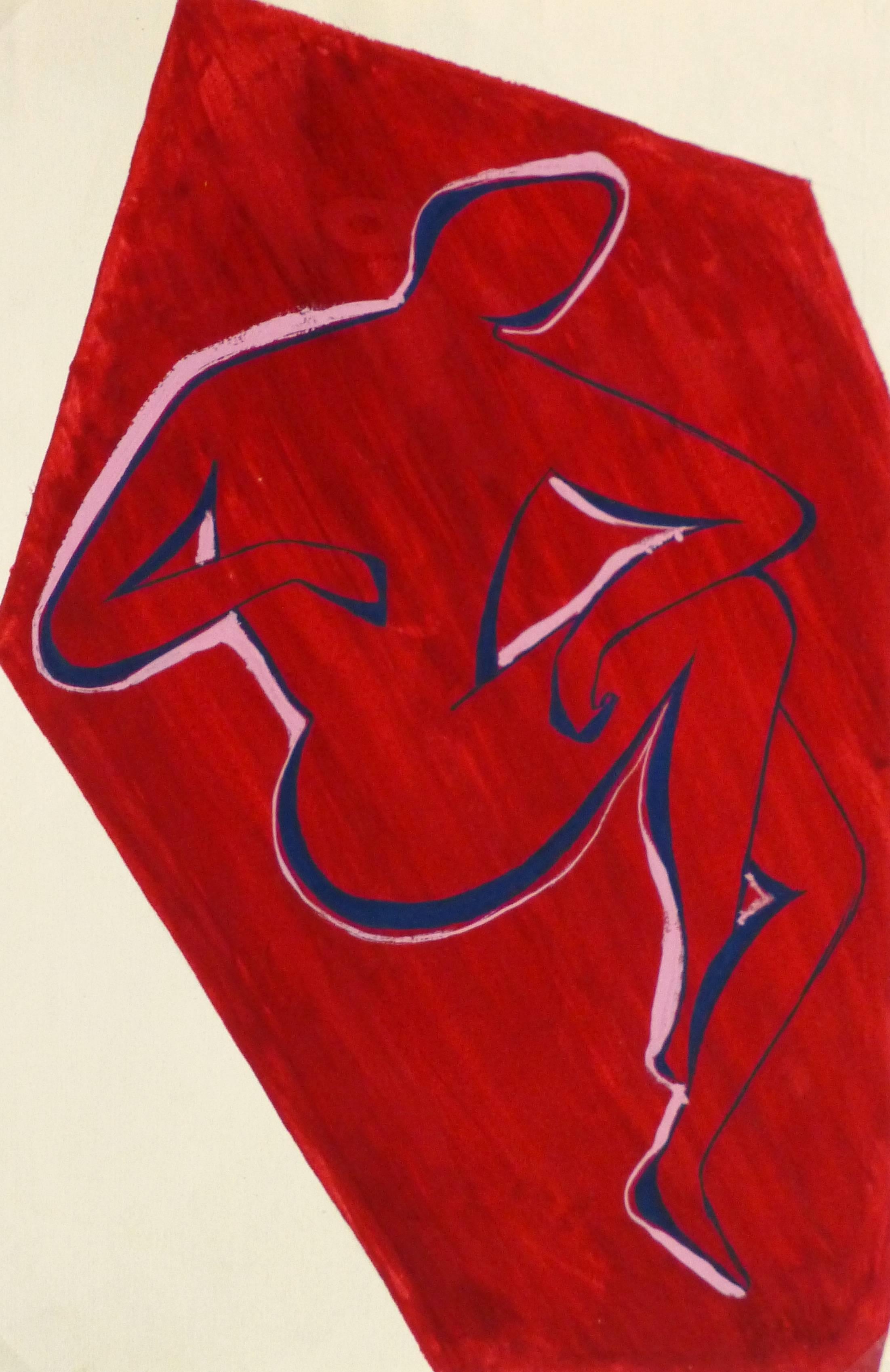 Mid-century abstract gouache painting of a seated figure backed by a geometric shape in a deep red hue, circa 1950.

Original artwork on paper displayed on a white mat with a gold border. Archival plastic sleeve and Certificate of Authenticity