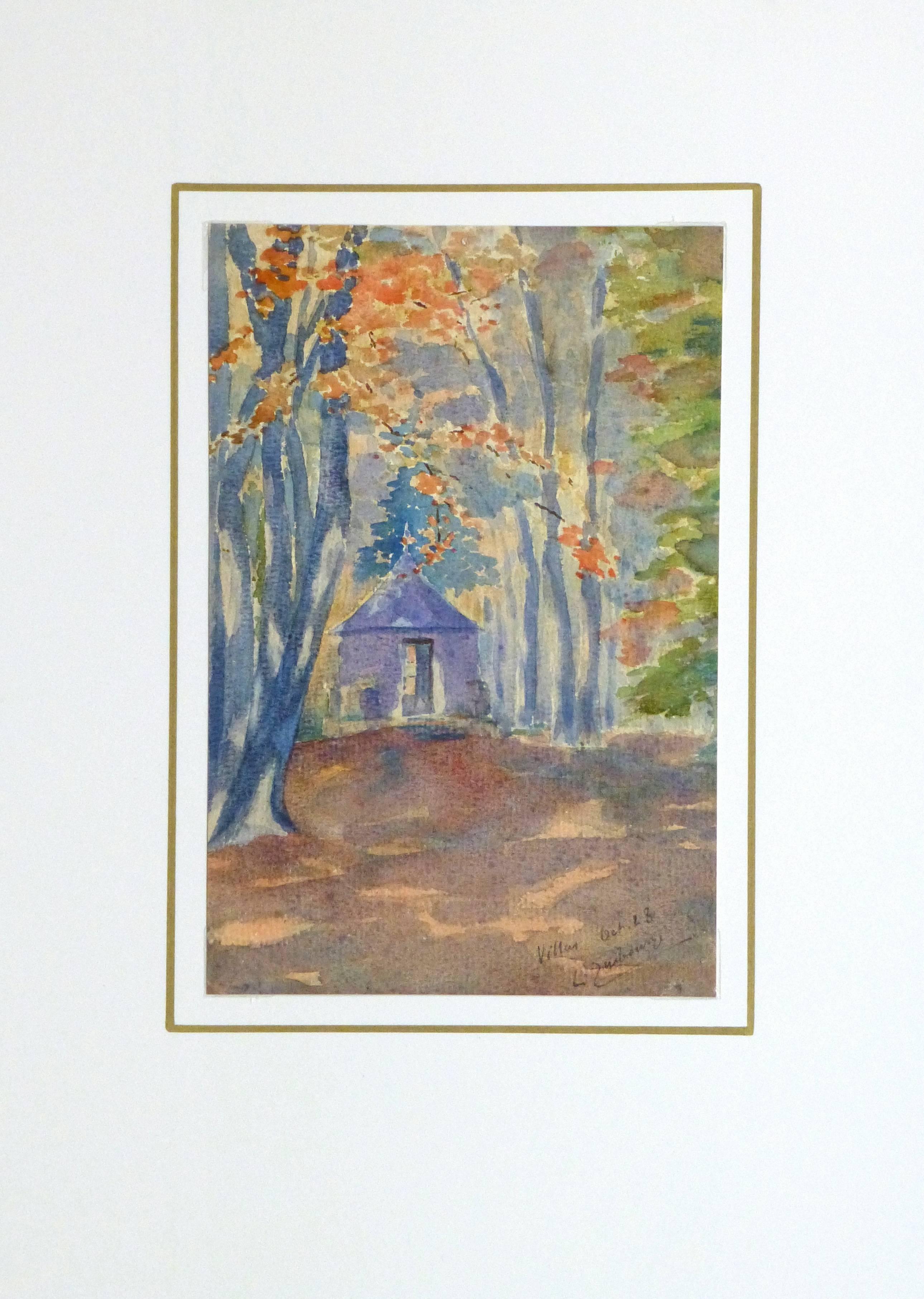 Enchanting watercolor landscape of a circular cabin nestled under autumn foliage, 1928. Signed and dated lower right.

Original artwork on paper displayed on a white mat with a gold border. Archival plastic sleeve and Certificate of Authenticity