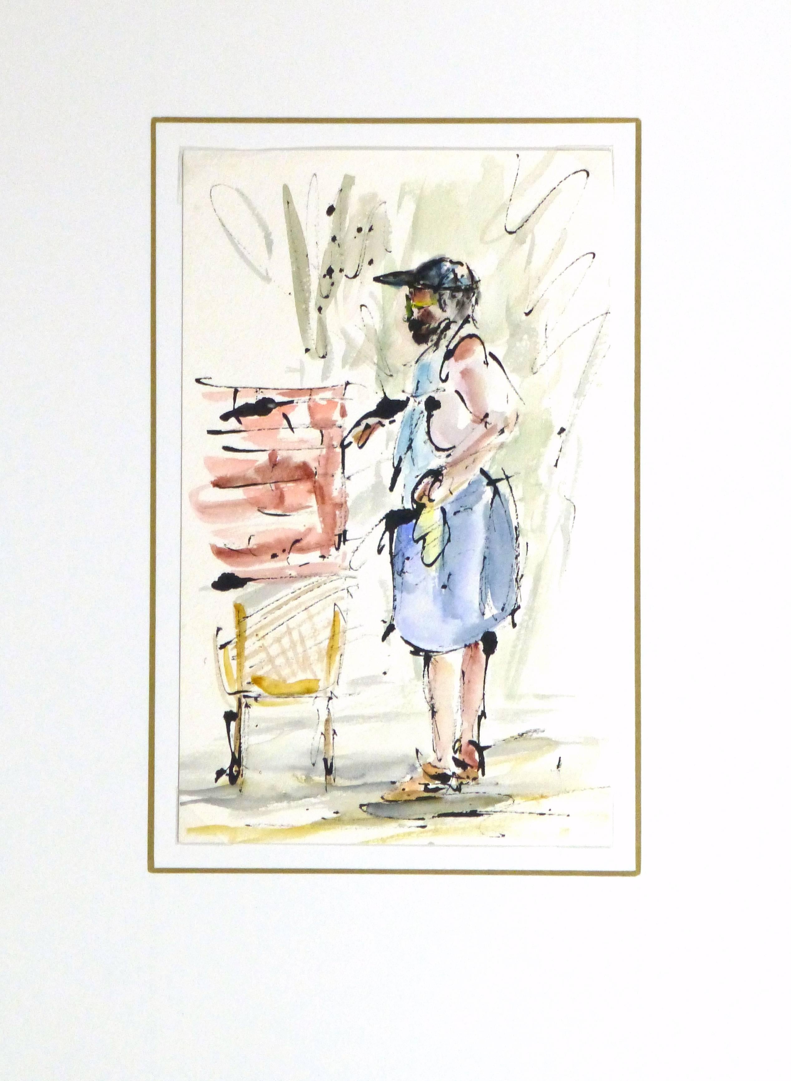 Fröhliche Aquarell- und Tuschemalerei einer Person, die sich um ihre Gartenarbeit kümmert, 1990er Jahre. 

Originalkunstwerk auf Papier auf einem weißen Passepartout mit Goldrand. Inklusive Plastikhülle und Echtheitszertifikat für die