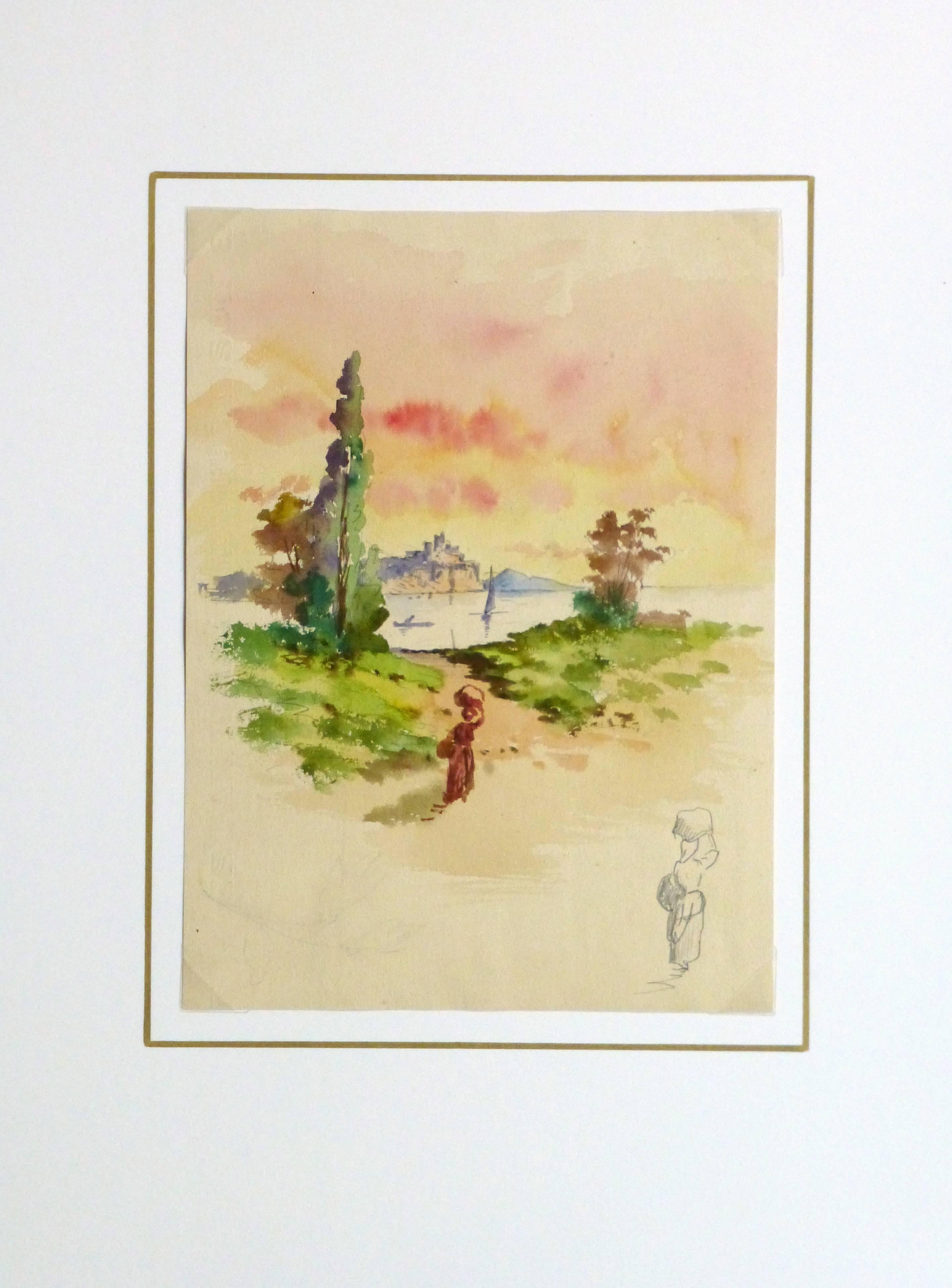 Paesaggio sognante ad acquerello di una figura che si dirige verso la riva per prendere l'acqua sotto un cielo abbagliante, 1910 circa.

Opera d'arte originale su carta esposta su un tappetino bianco con bordo dorato. Custodia in plastica per