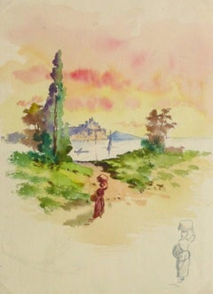 Antique Watercolor Landscape - Evening Stroll