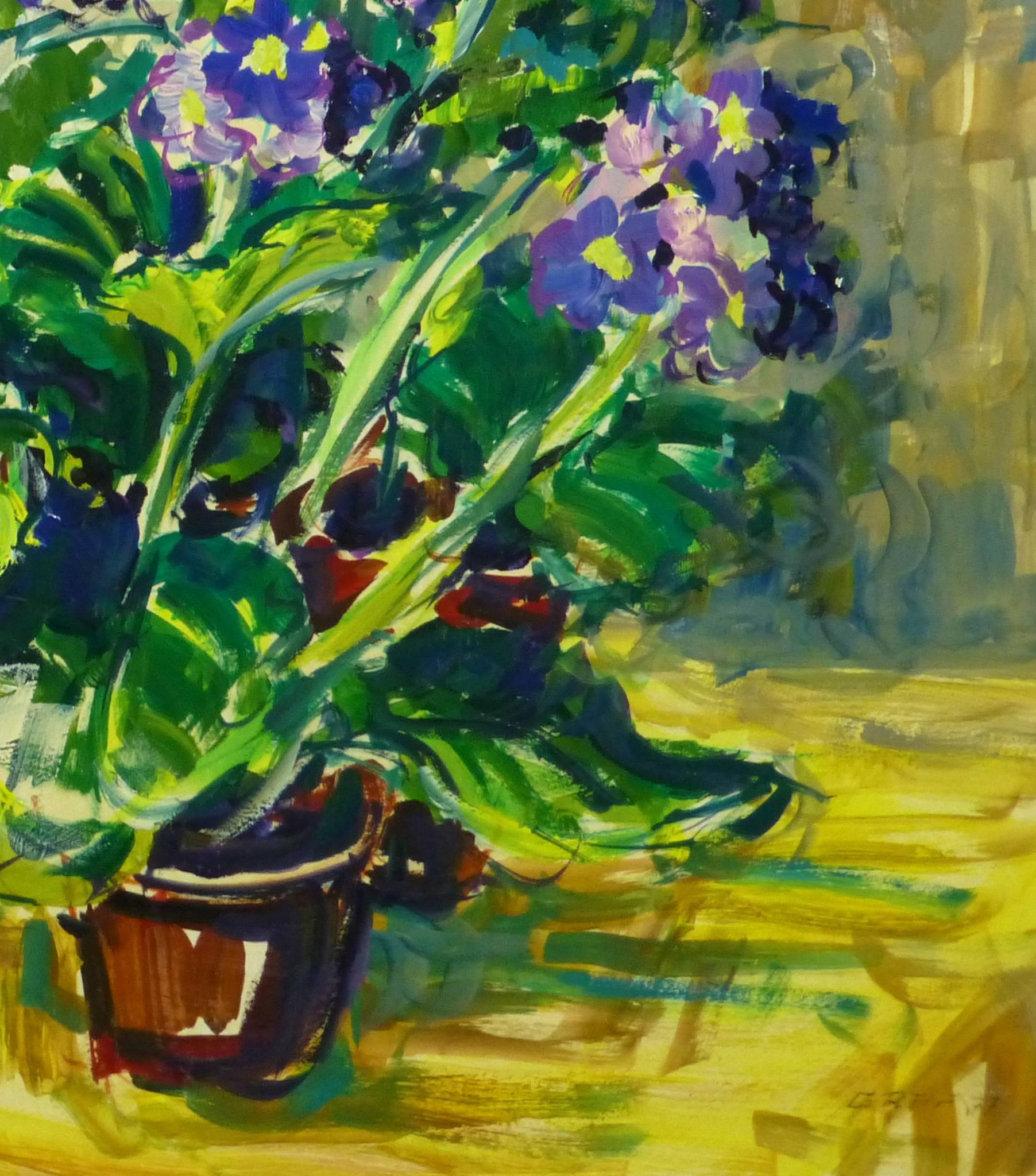 Acrylic Still Life - Violet Blooms - Painting by Unknown