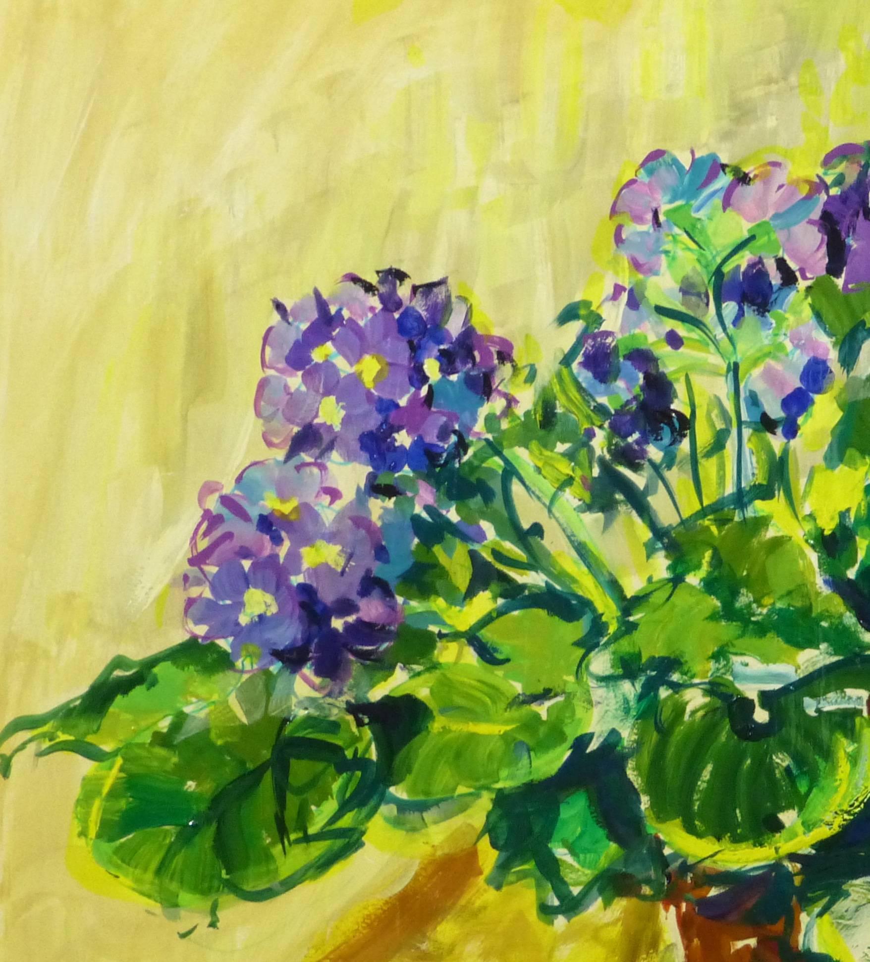 Acrylic Still Life - Violet Blooms - Brown Still-Life Painting by Unknown