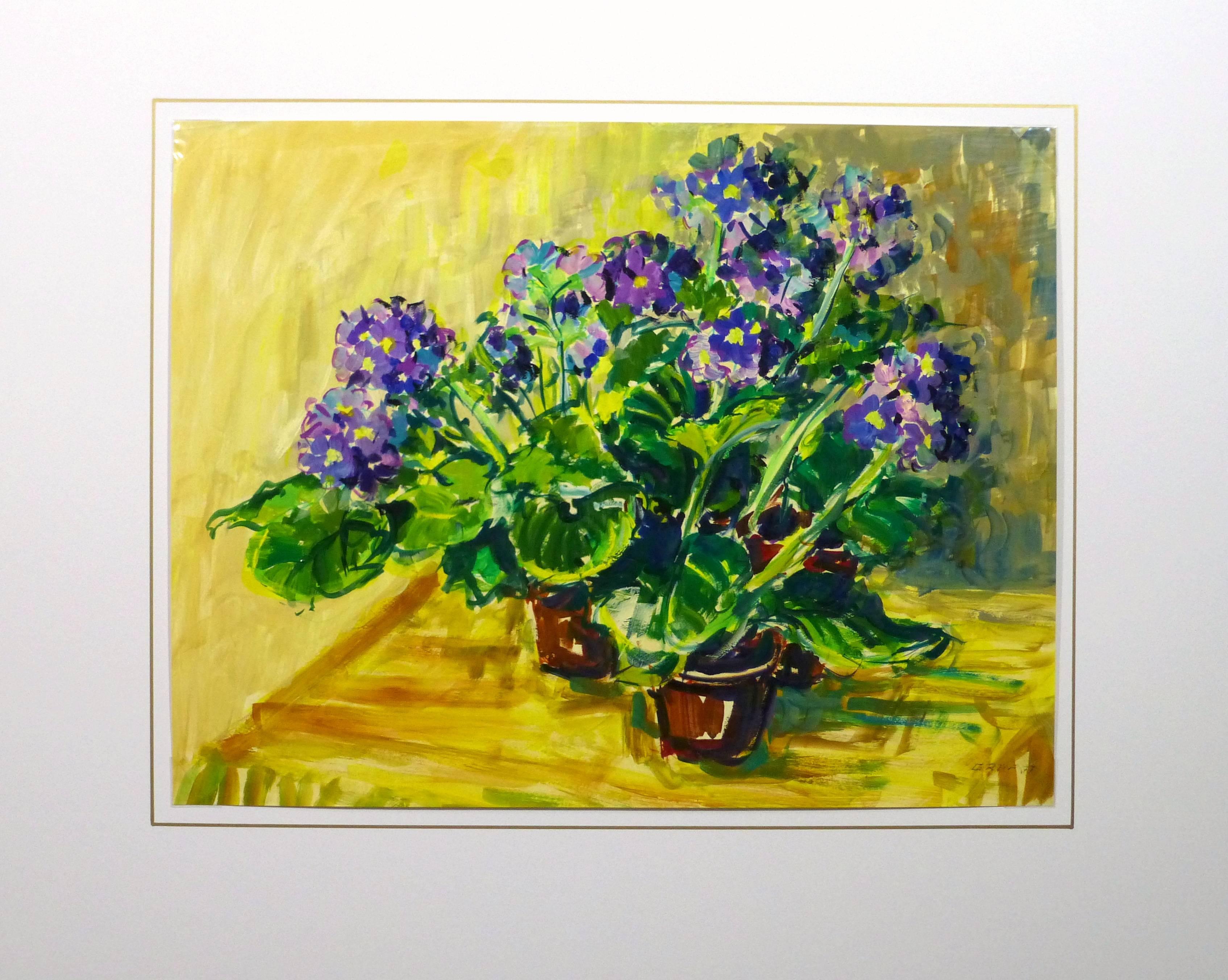Beautiful and bright acrylic painting of a grouping of potted violets against a sunshine yellow background by Graf, 1977. Signed lower right.

Original artwork on paper displayed on a white mat with a gold border. Archival plastic sleeve and