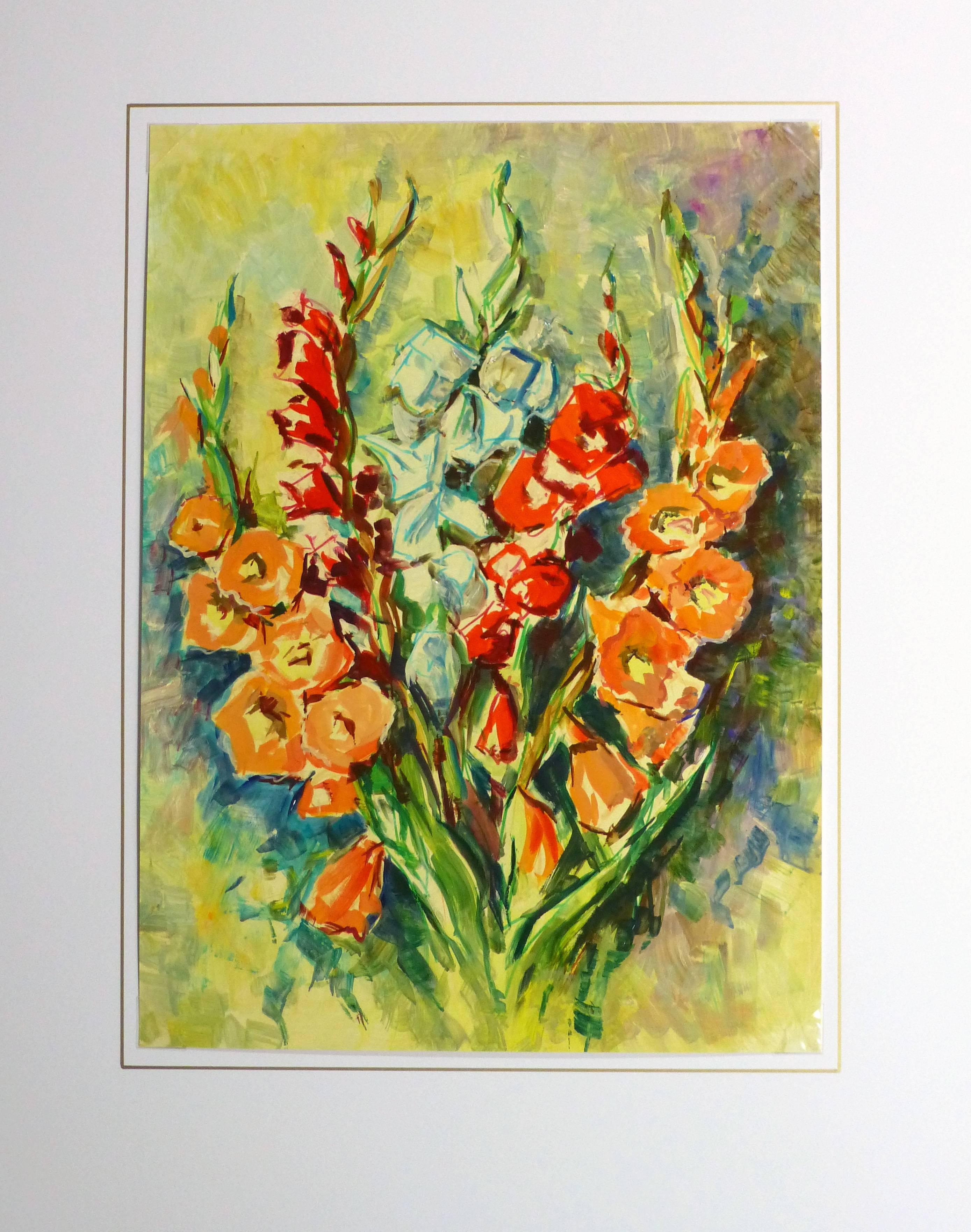 Pintura acrílica atrevida y viva de un ramo de flores frescas de gladiolo, por Graf, 1977.

Obra de arte original sobre papel expuesta en un tapete blanco con borde dorado. Funda de plástico de archivo y certificado de autenticidad incluidos. Obra