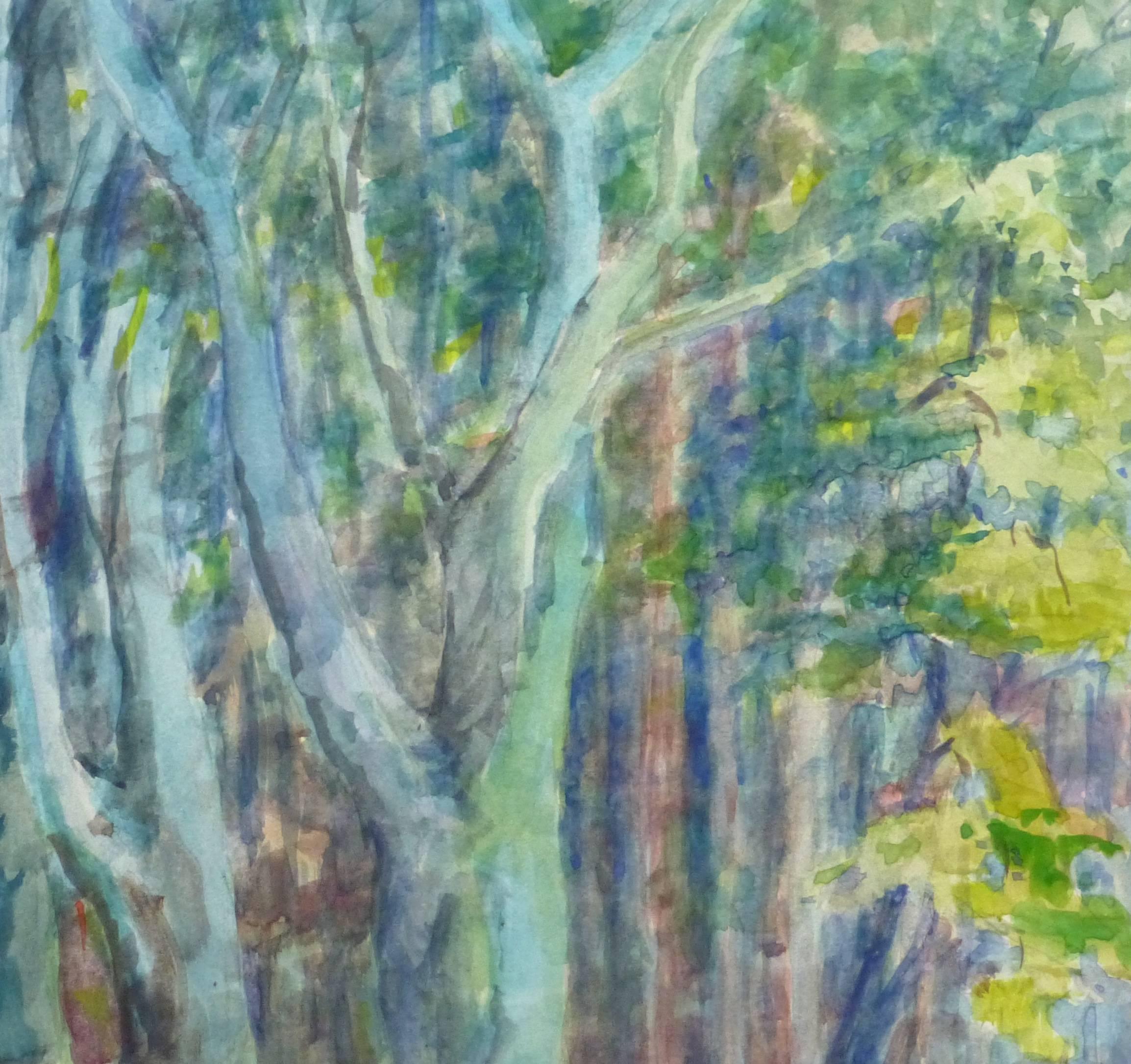 Aquarelle française - Charmant chemin d'enchantement à travers les arbres - Gris Landscape Art par Wilhelm Kloden