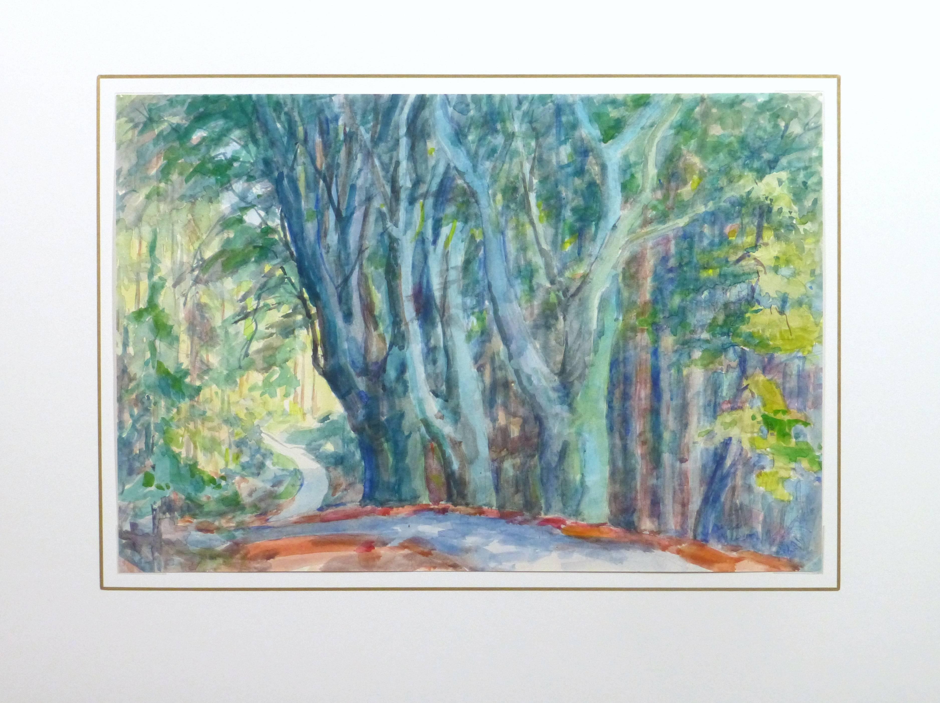 Captivating watercolor painting of a small foot path edged by a dense forest and leading to a sunlit clearing by artist Wilheim Kloden, circa 1990. 

Original artwork on paper displayed on a white mat with a gold border. Archival plastic sleeve and