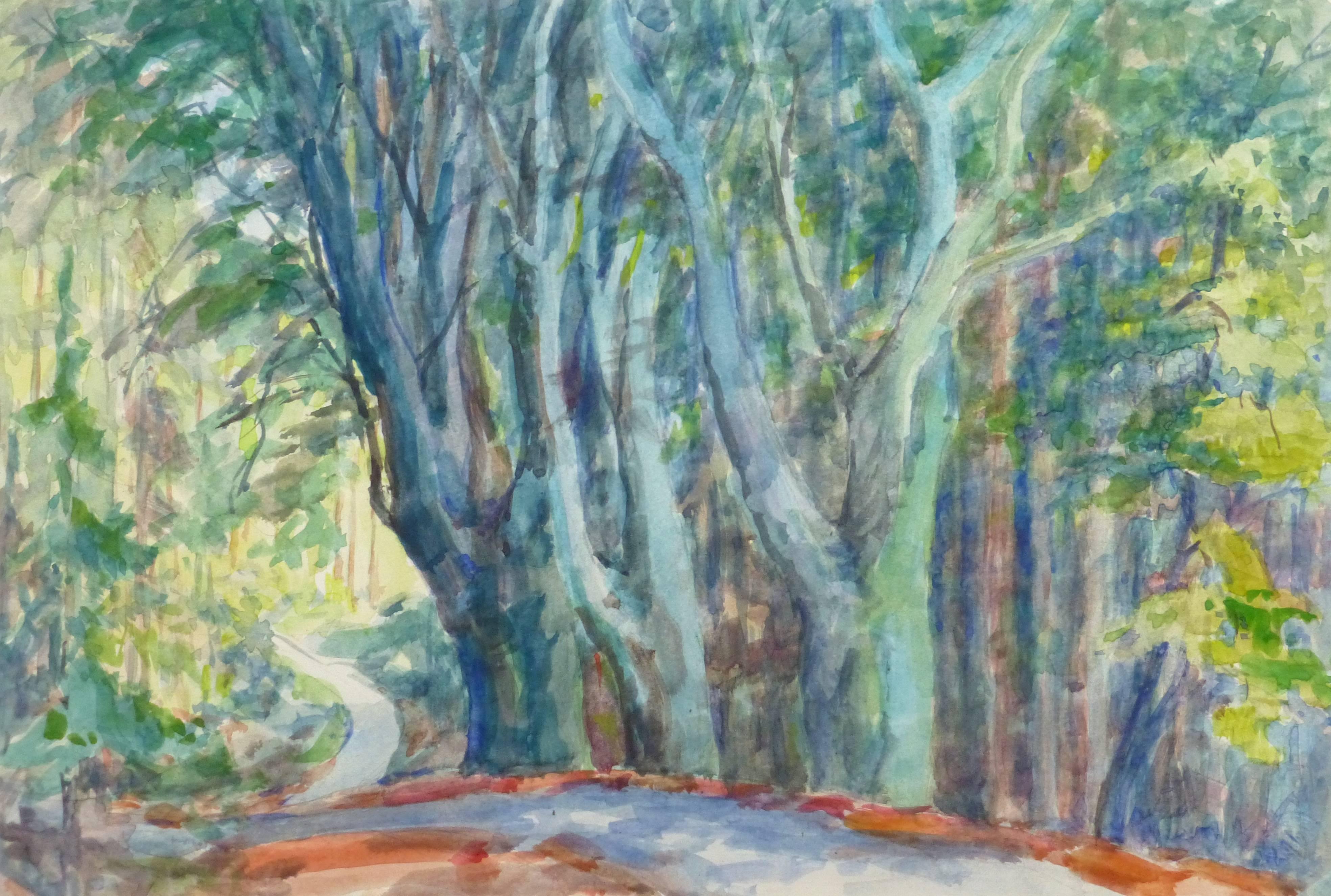 Landscape Art Wilhelm Kloden - Aquarelle française - Charmant chemin d'enchantement à travers les arbres