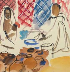 French Watercolor - Village Vendors at the Outdoor Market