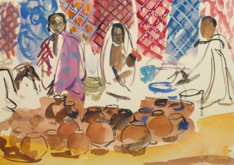 Stephane Magnard - French Watercolor - Village Vendors at the Outdoor Market For Sale at 1stDibs | french outdoor market Stephane... 