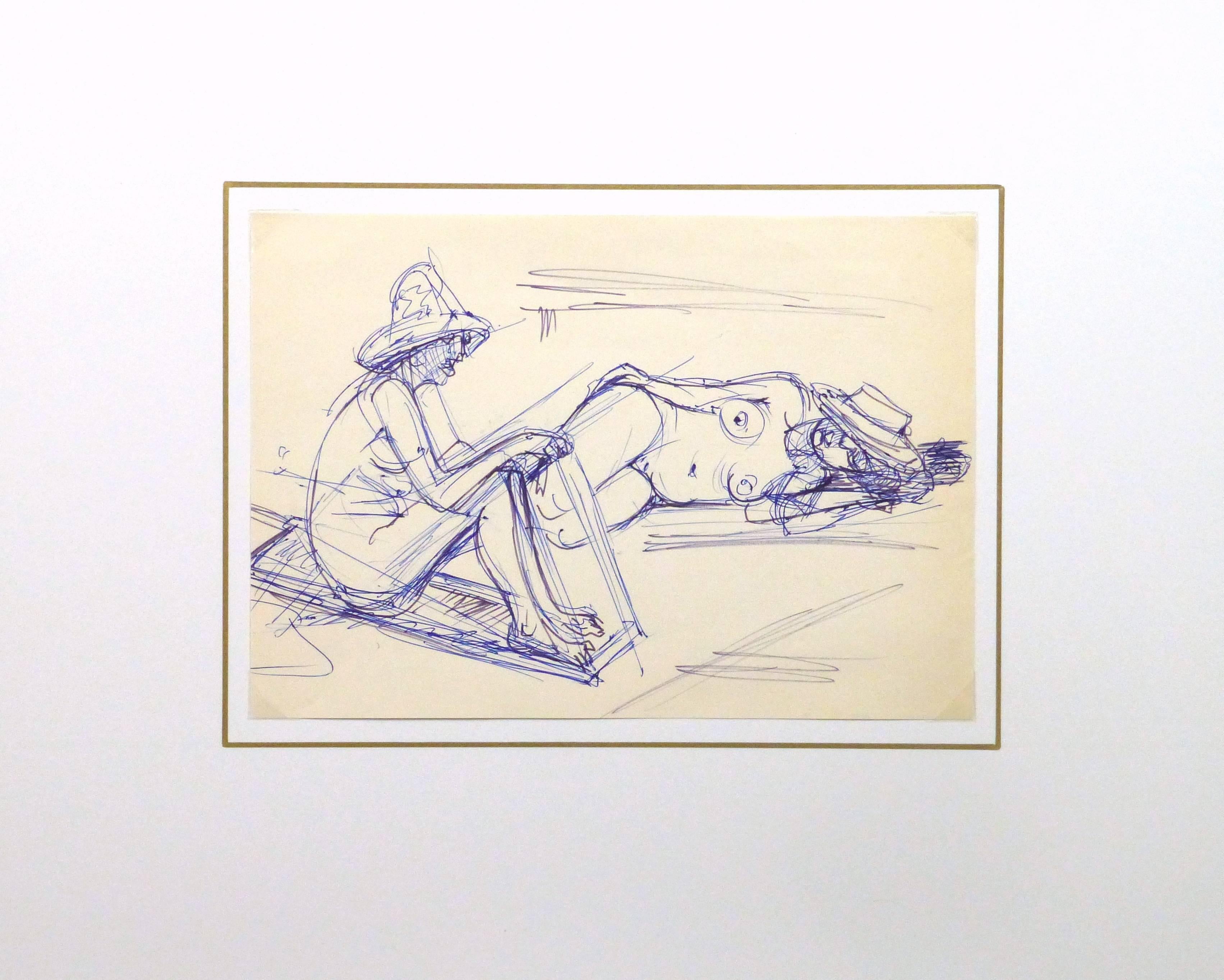 Ink drawing of two female figures enjoying an afternoon of nude sunbathing by artist Irmgard von Reppert, circa 1960.

Original artwork on paper displayed on a white mat with a gold border. Archival plastic sleeve and Certificate of Authenticity