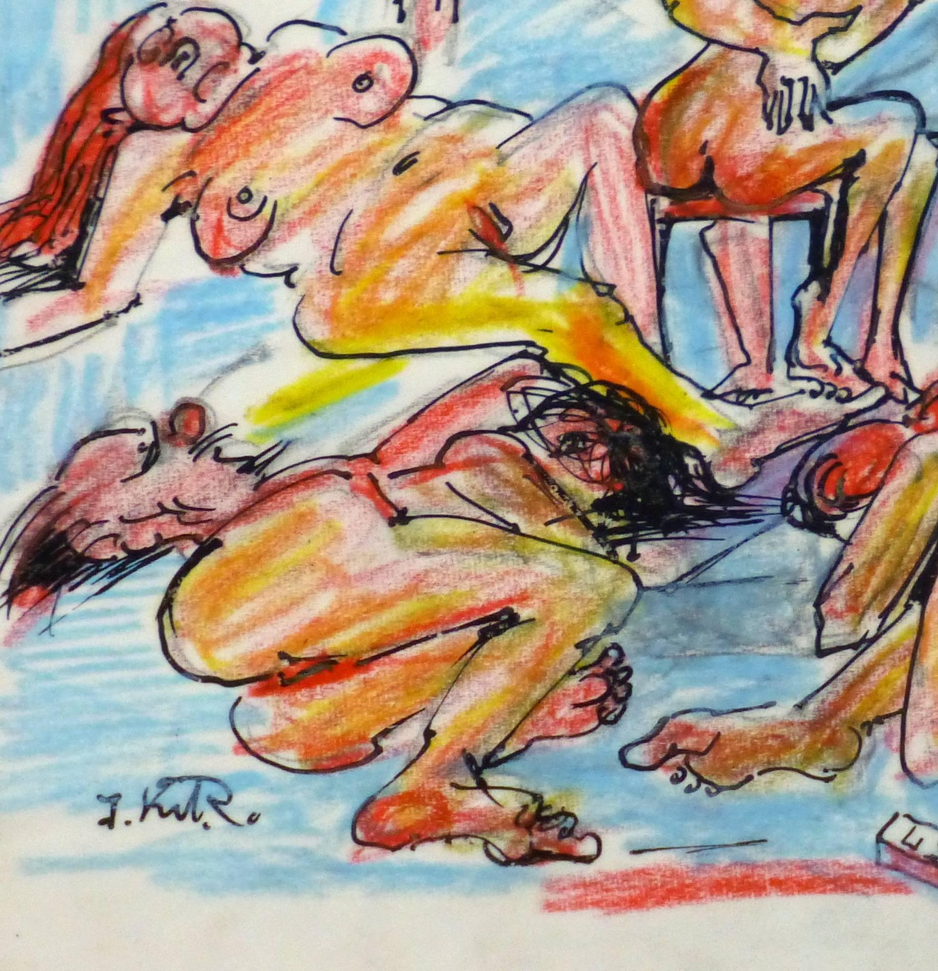 Colorful Ink & Pencil Drawing - Nude Uninhibited Gathering 1