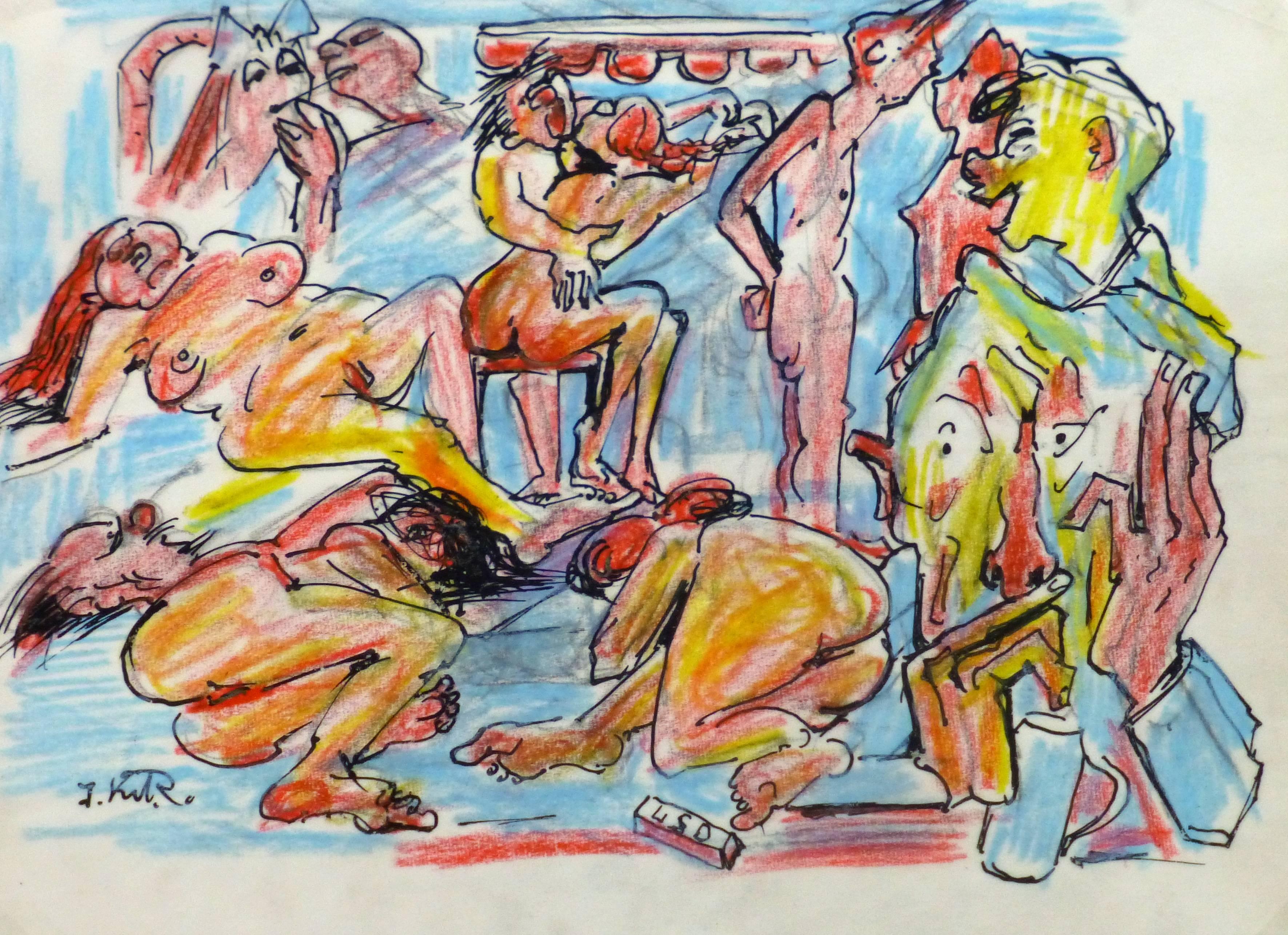 Colorful Ink & Pencil Drawing - Nude Uninhibited Gathering - Art by Unknown