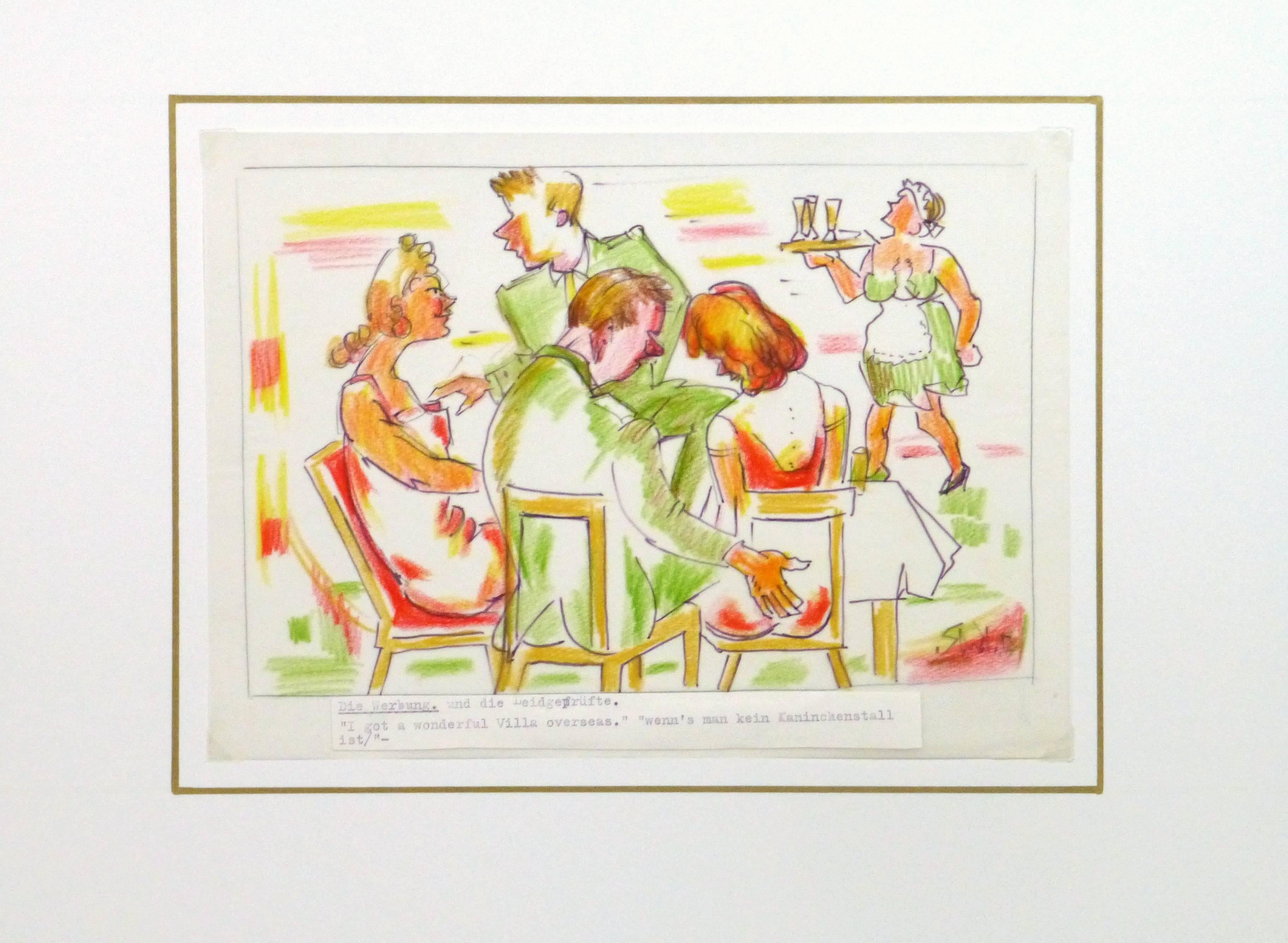 Dessin à l'encre et au crayon sur papier transfert de deux couples profitant d'une soirée amoureuse par Irmgard von Reppert, vers 1960. Initiales en bas à droite. Titre et commentaire de l'artiste collés dans la marge inférieure.

Œuvre d'art