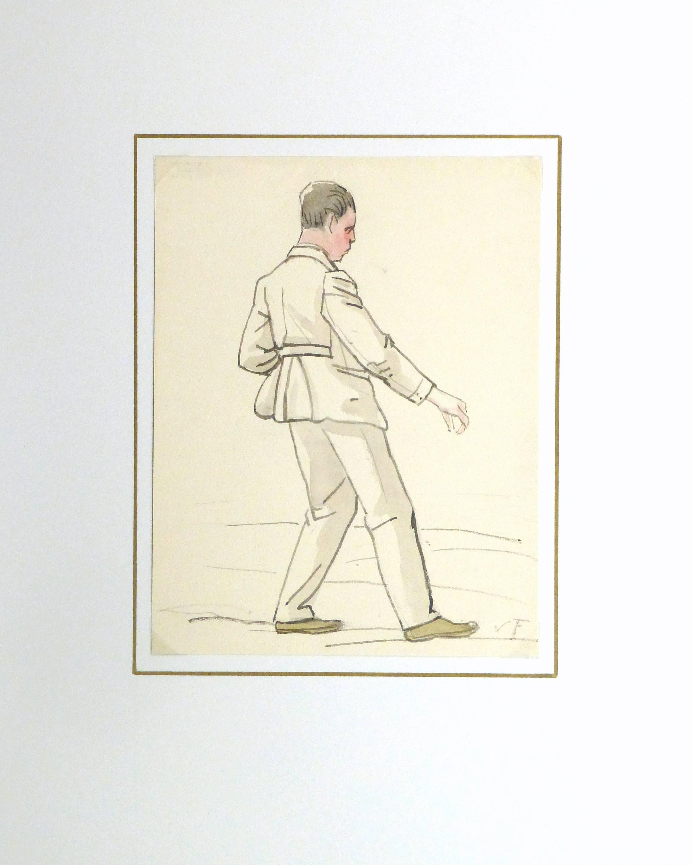 Light and bright watercolor and ink drawing of a man strolling the streets in a two piece suit, circa 1940. Initialed lower right.

Original artwork on paper displayed on a white mat with a gold border. Archival plastic sleeve and Certificate of