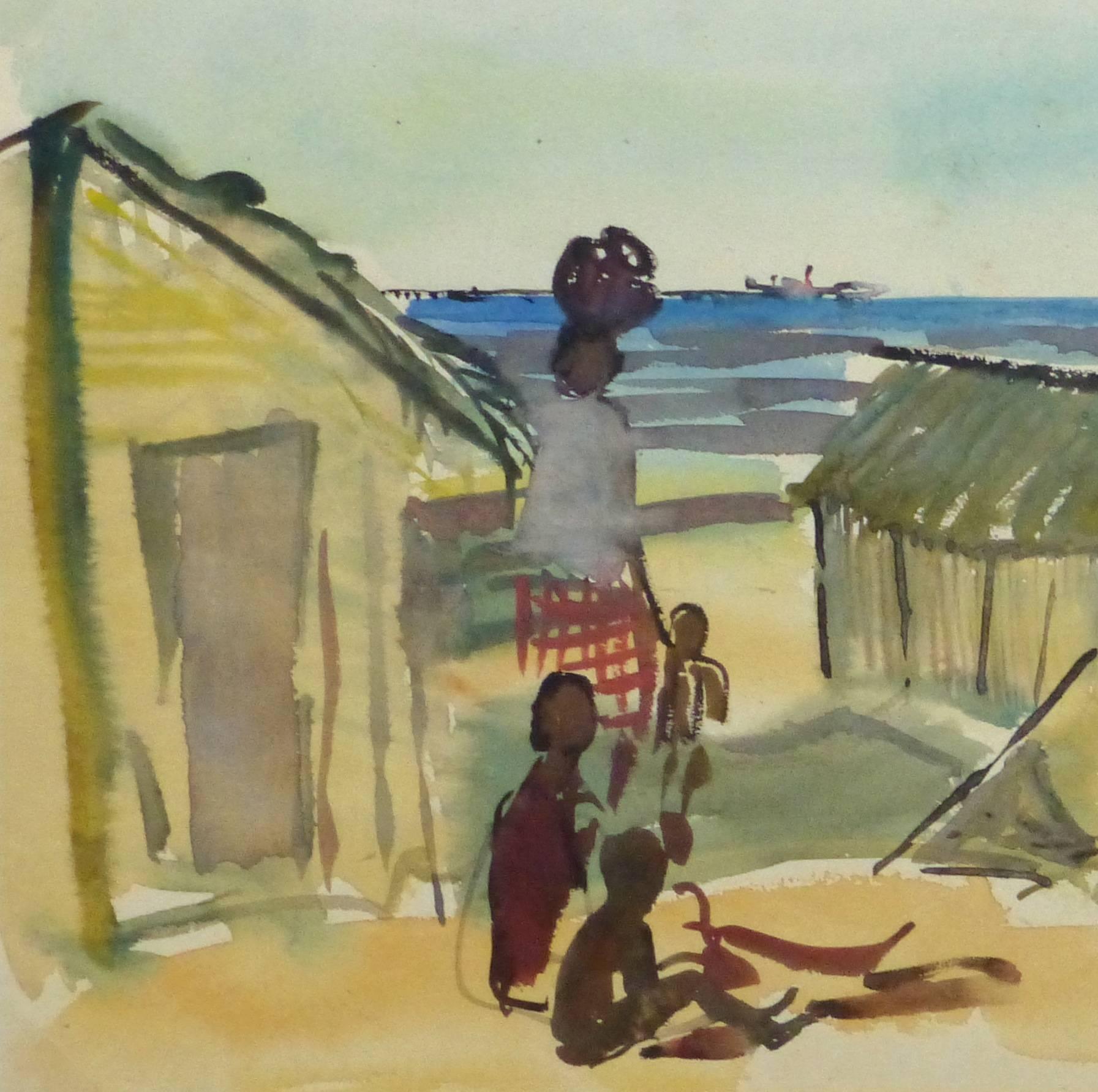 Aquarelle française - Village de bord de mer - Art de Stephane Magnard