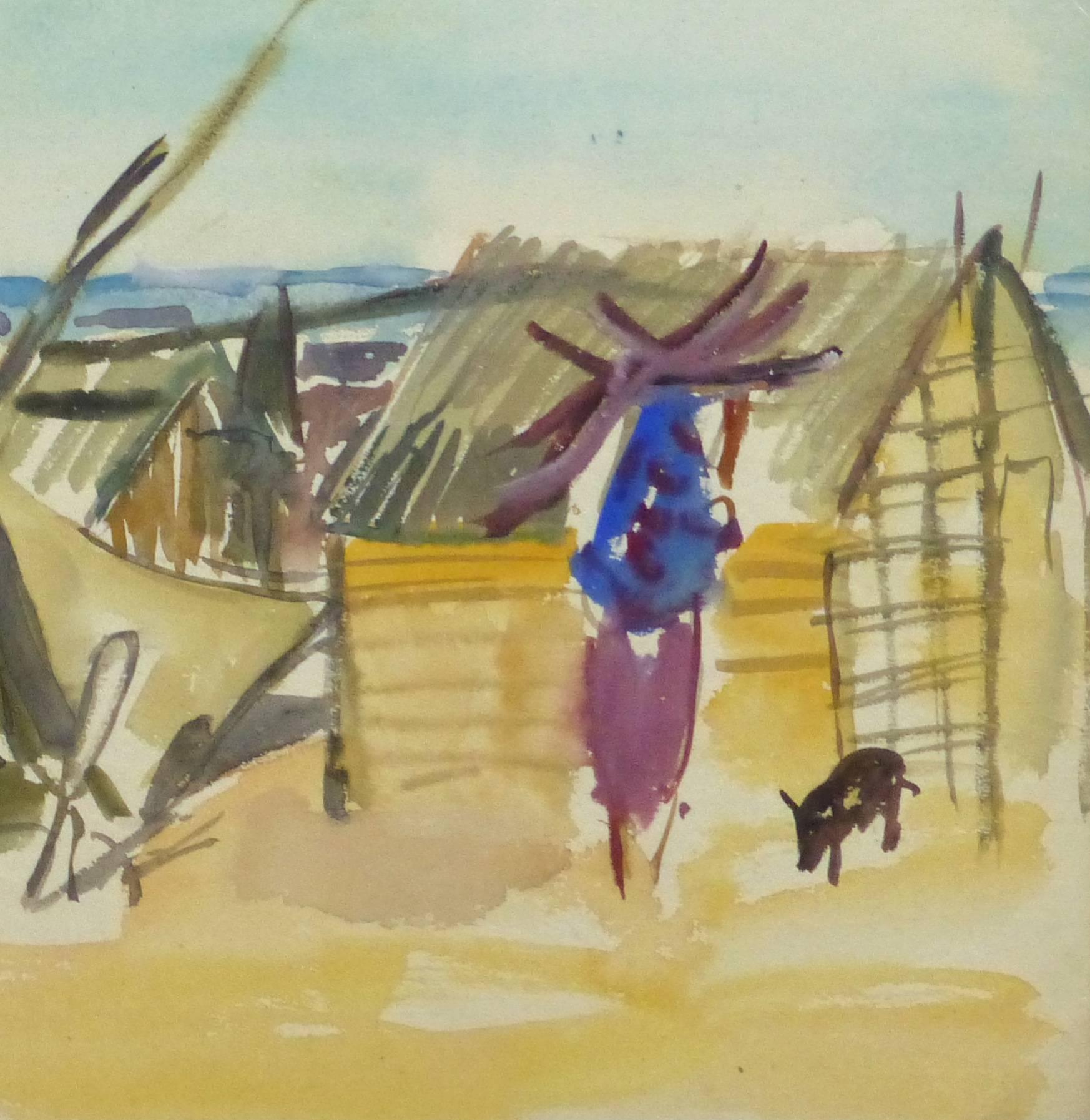 Aquarelle française - Village de bord de mer - Marron Landscape Art par Stephane Magnard