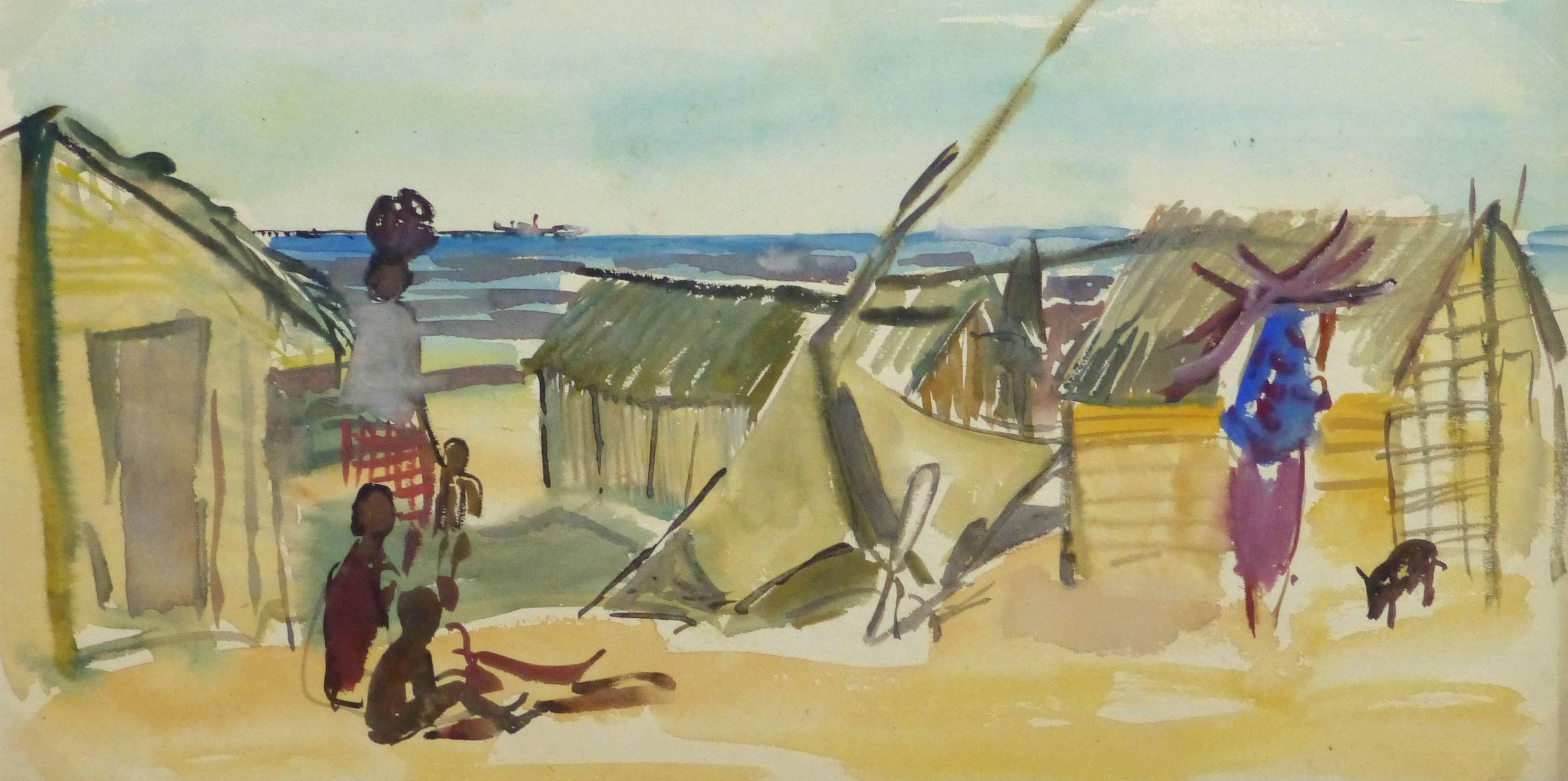 Landscape Art Stephane Magnard - Aquarelle française - Village de bord de mer