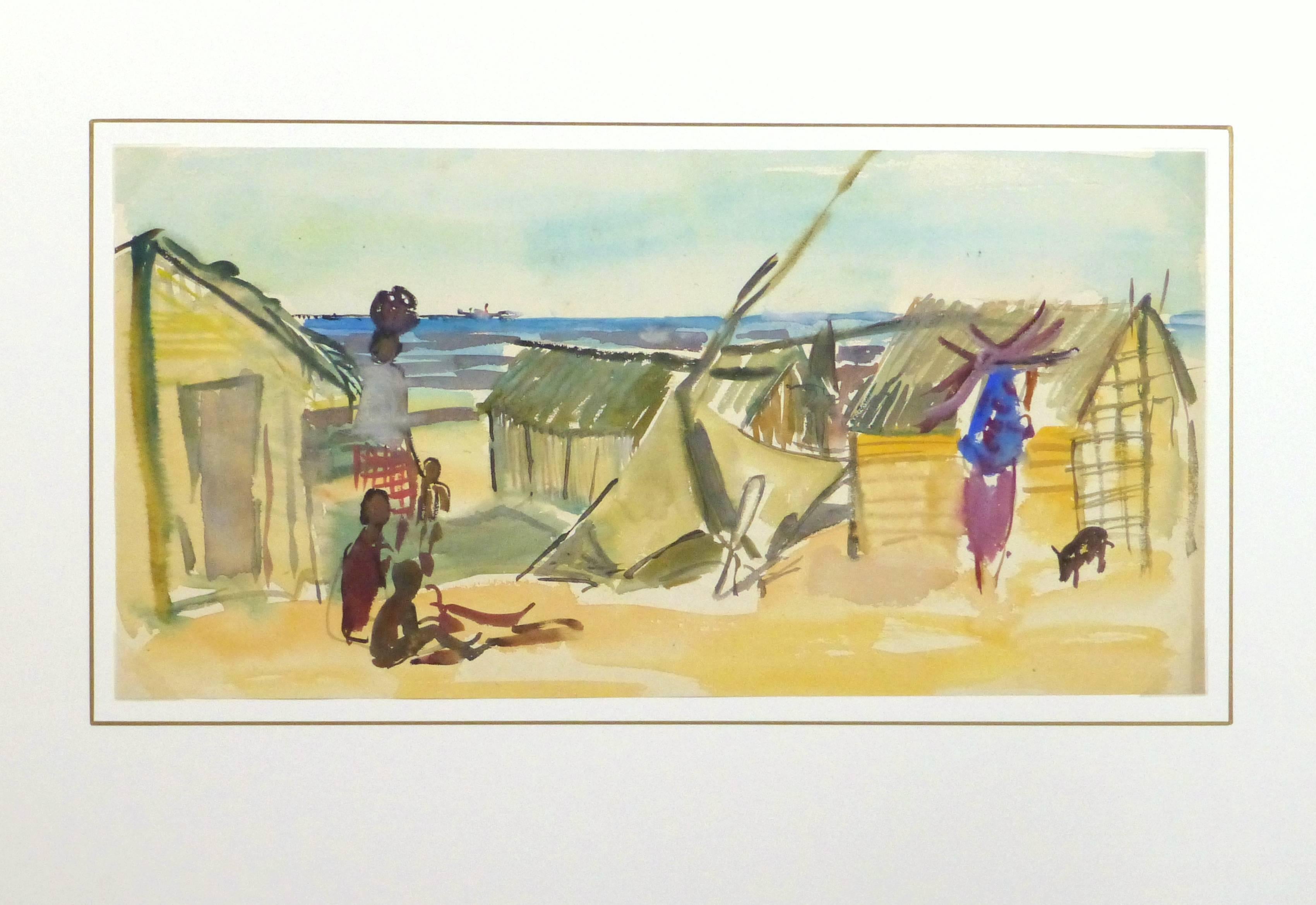 Ravissante aquarelle d'un village de pêcheurs africains de Madagascar par Stéphane Magnard, artiste résident de l'ancienne colonie française de 1950 à 1953. 

Œuvre originale sur papier présentée sur un tapis blanc avec une bordure dorée. Pochette