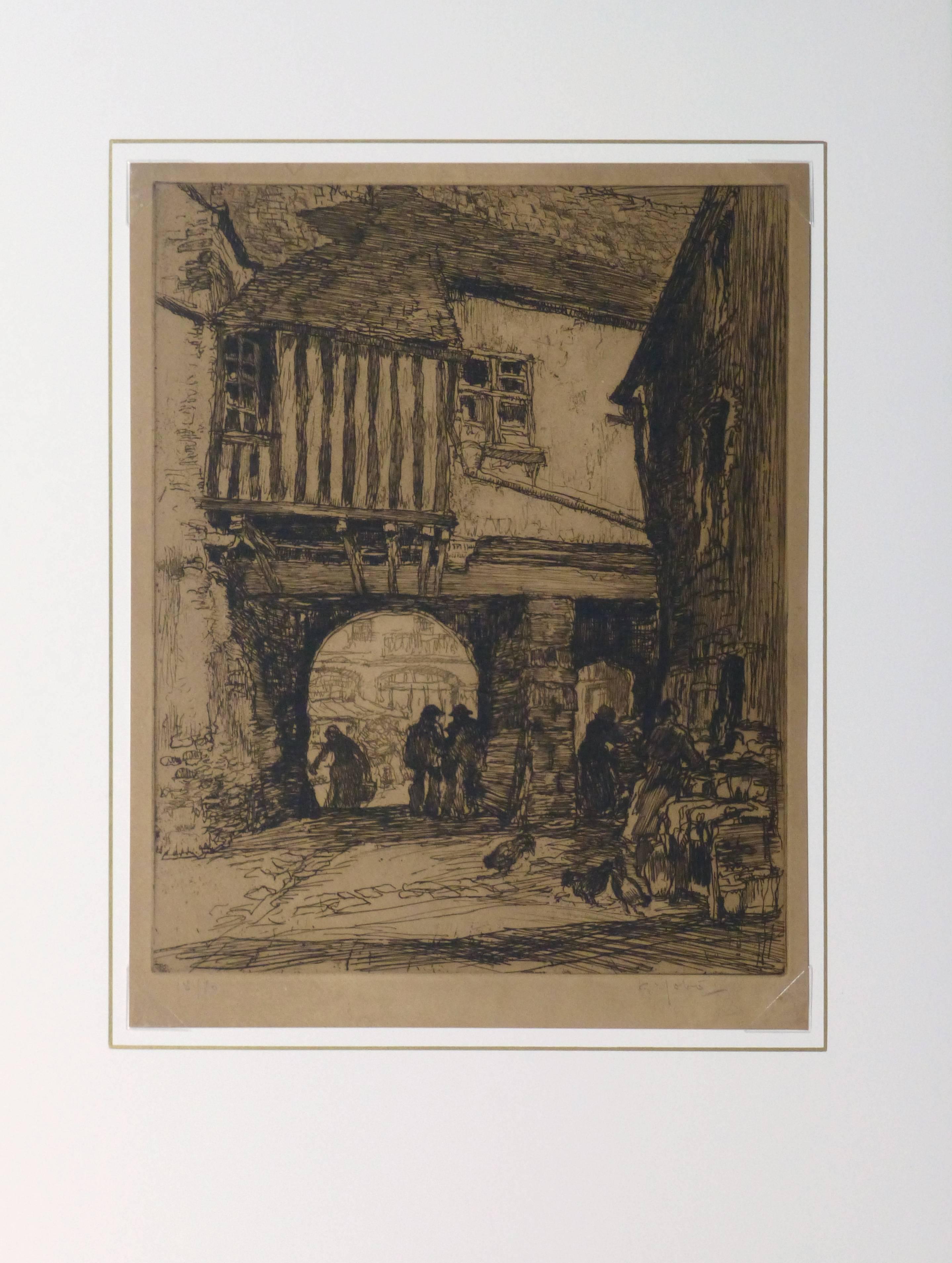 Incisione in bianco e nero raffigurante un'affollata giornata di mercato in un villaggio del vecchio mondo di Georges Gobo, 1920 circa. Firmato in basso a destra e numerato 18 di 70 in basso a sinistra.

Opera d'arte originale su carta esposta su un