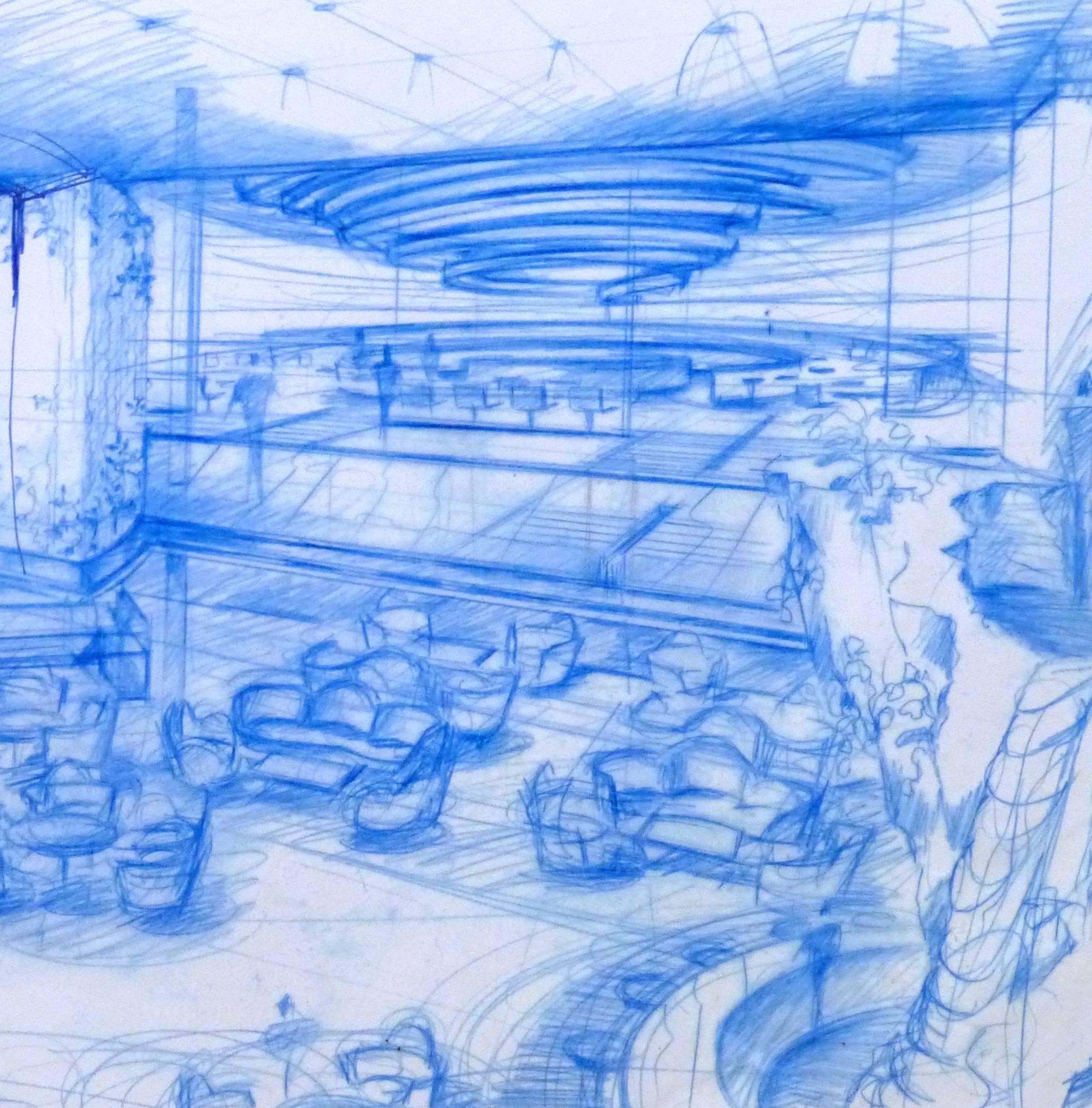 Carbono contemporáneo de un dibujo conceptual para un interior comercial de estilo moderno, hacia 1990.

Obra de arte original sobre papel expuesta en un tapete blanco con borde dorado. La alfombrilla se adapta a un marco de tamaño estándar. Funda