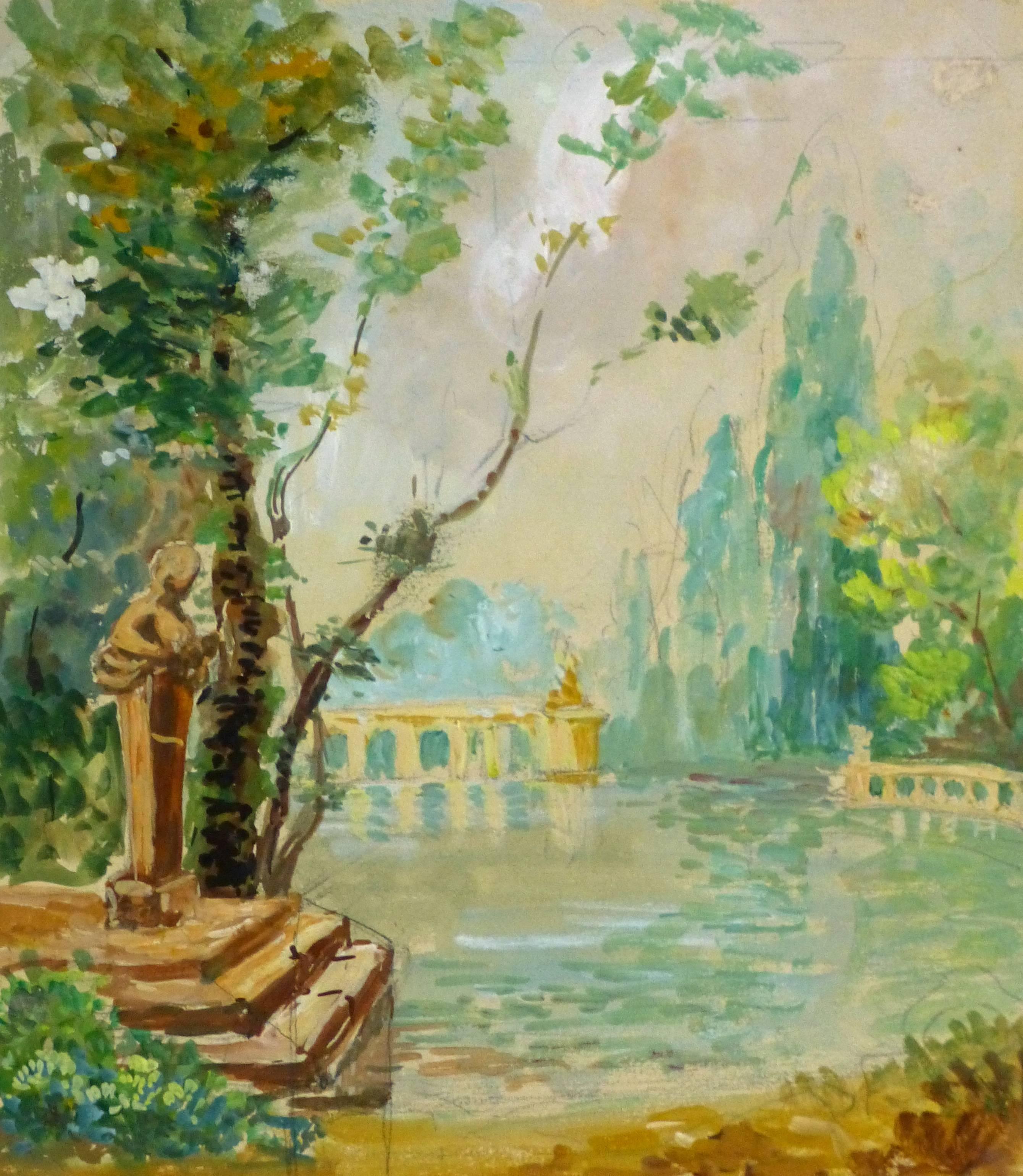 Unknown Landscape Painting - Tempera Landscape - Ornamental Pond