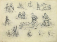 Antique French Drawing - The Laborers 