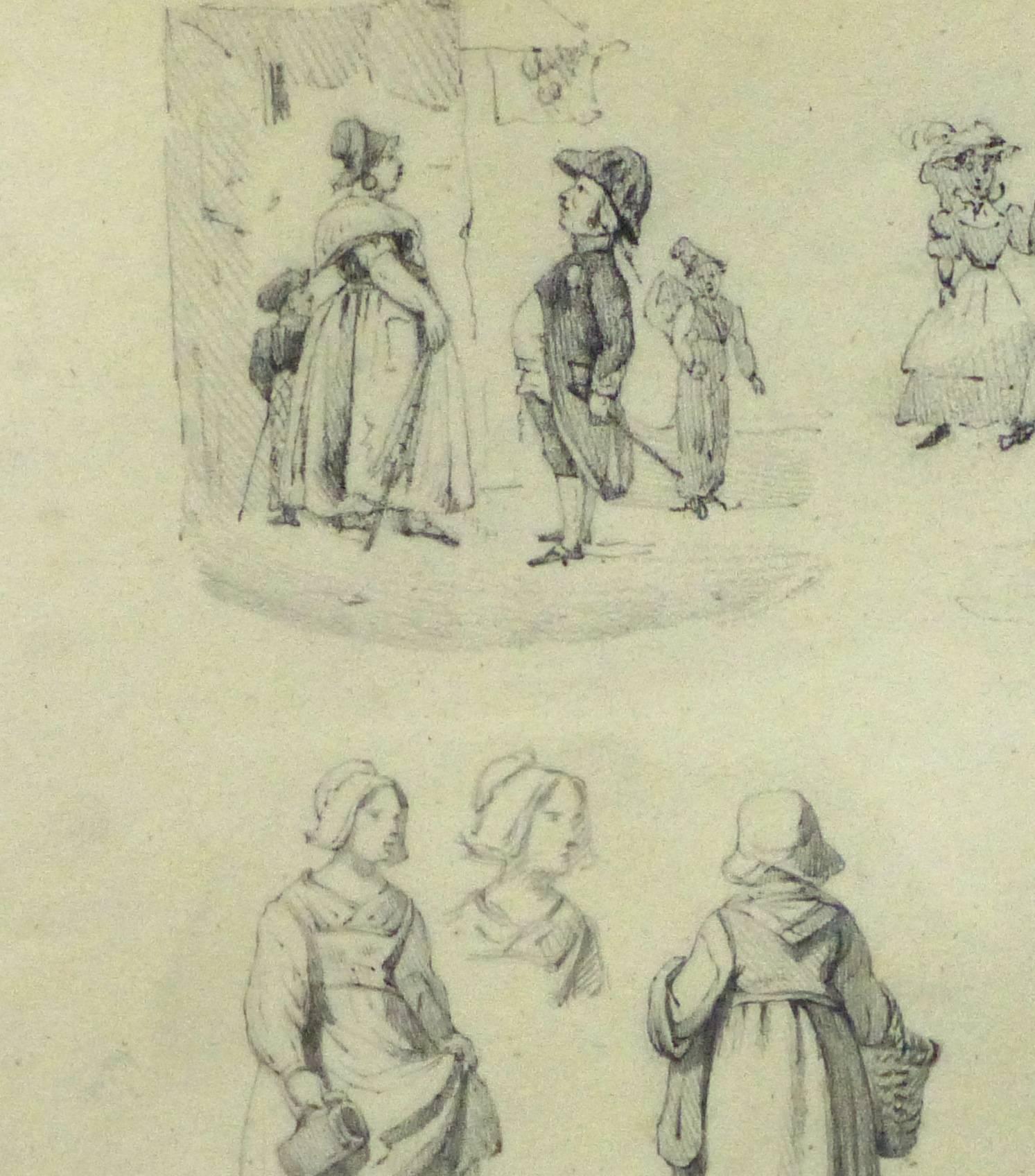 Französische Zeichnung – Alltägliches Leben (Beige), Figurative Art, von Unknown