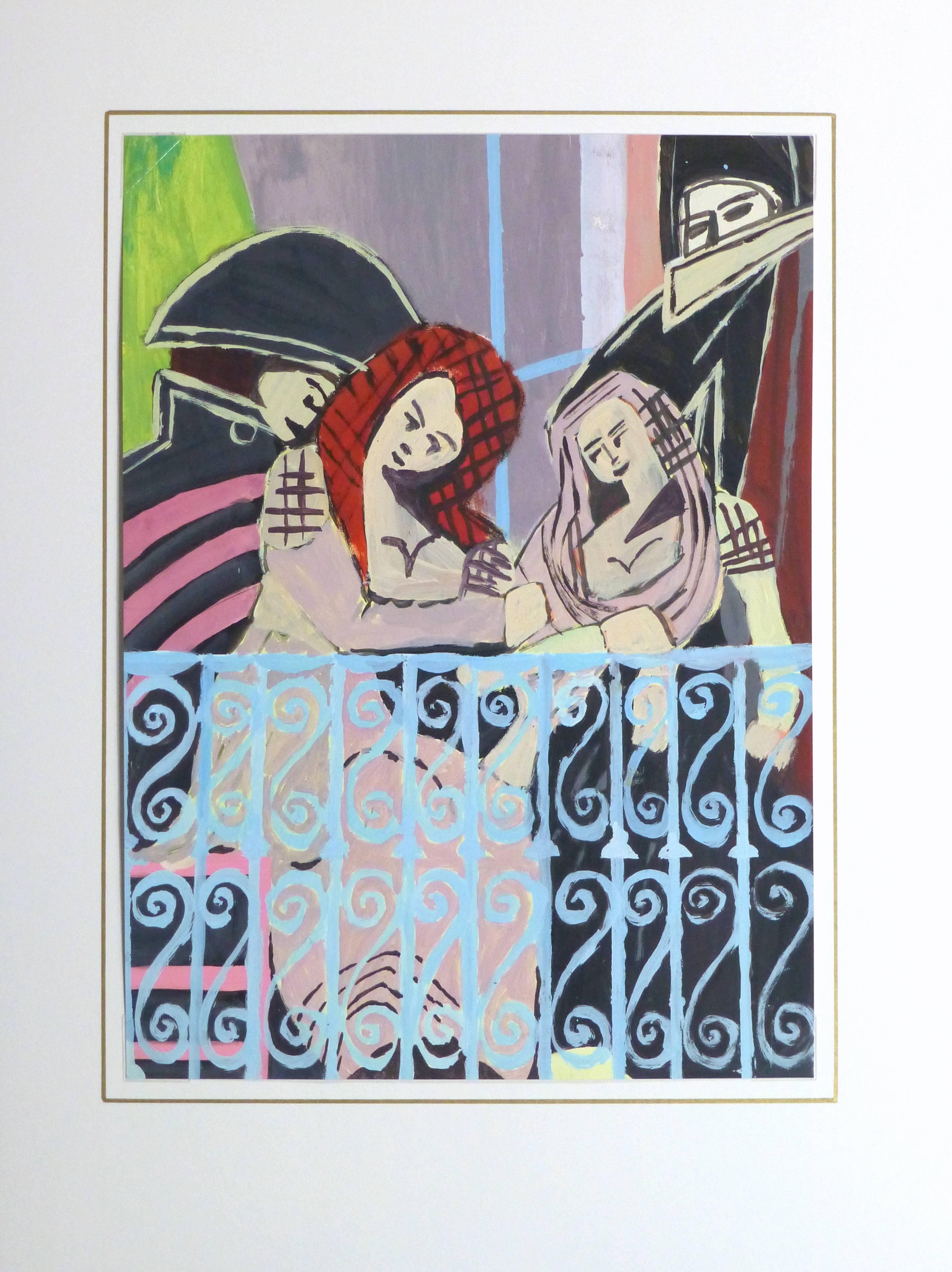 Mid-centruy French painting of figures on a balcony dressed in Shakespearean era finery by A. Vivent, circa 1960. 

Original artwork on paper displayed on a white mat with a gold border. Archival plastic sleeve and Certificate of Authenticity