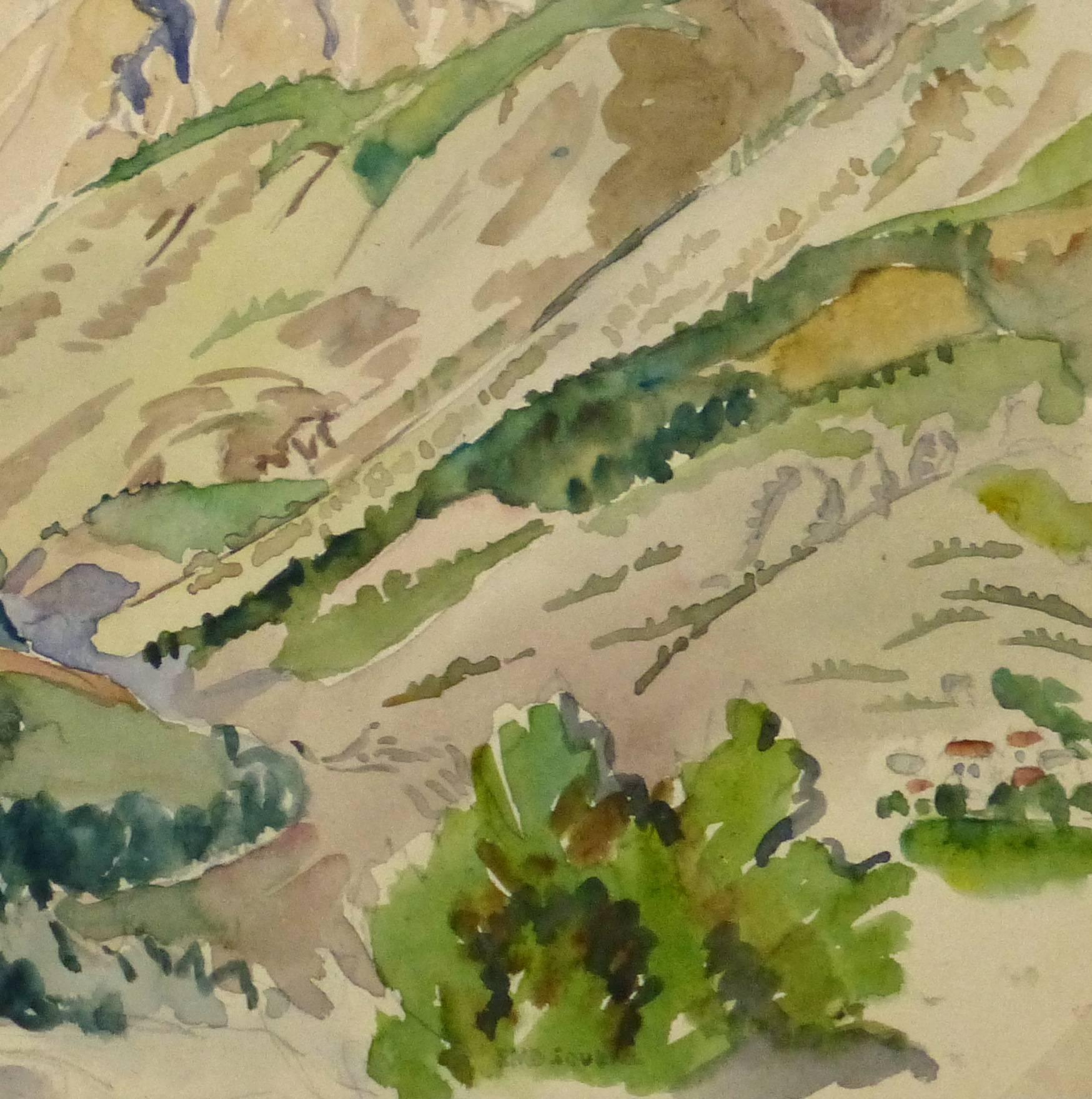 French Watercolor - Into the Valley - Brown Landscape Art by Unknown