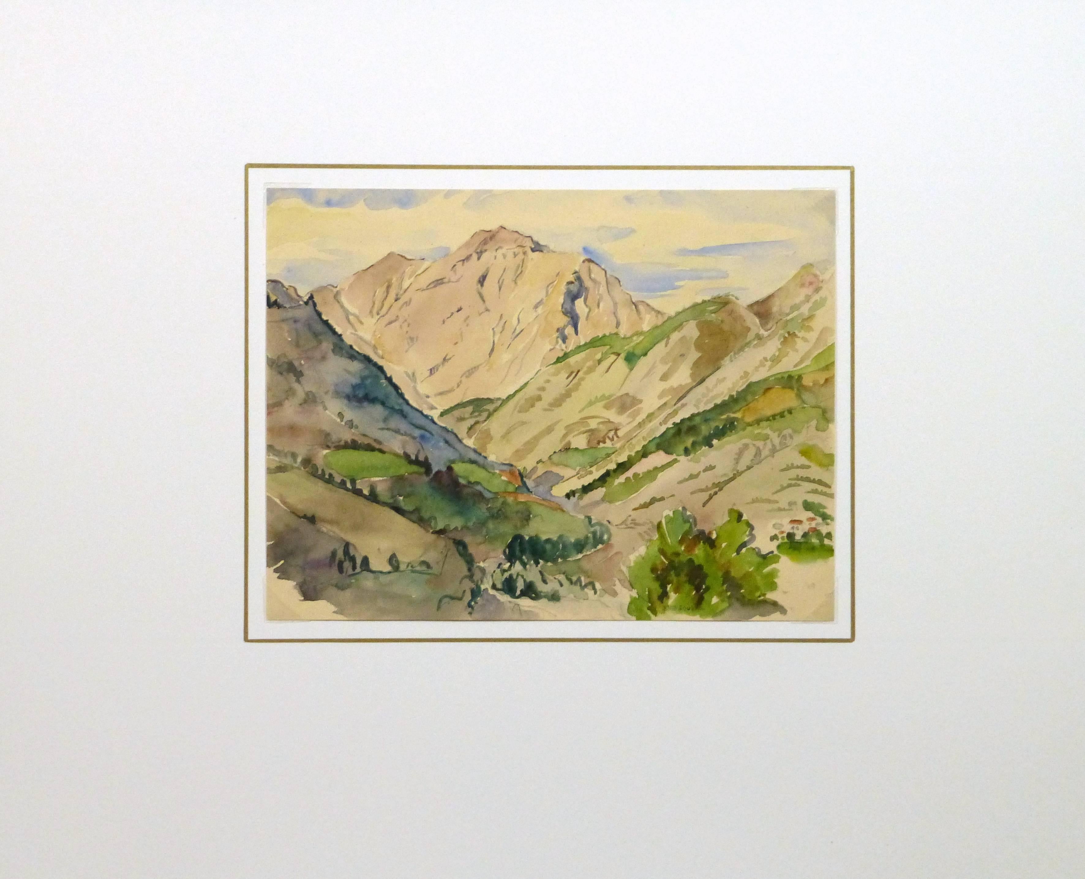 Peaceful watercolor of a winding mountain valley in soft hues, circa 1930. Signed lower right center. 

Original artwork on paper displayed on a white mat with a gold border. Archival plastic sleeve and Certificate of Authenticity included. Artwork,