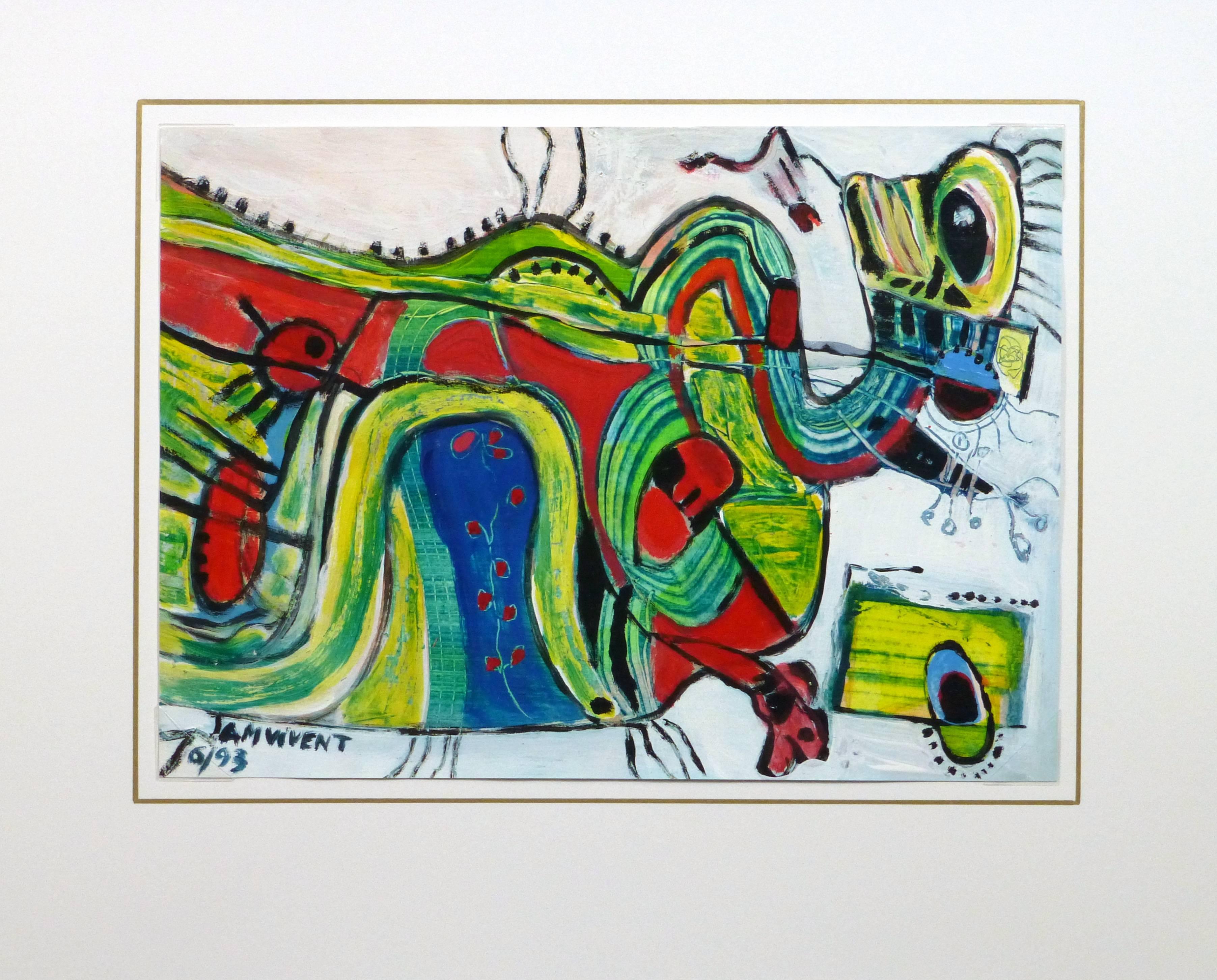 Vibrant acrylic abstract of a fantastical creature in bold hues of red, green and blue by A. Vivent, 1993. Signed and dated lower left. 

Original artwork on paper displayed on a white mat with a gold border. Archival plastic sleeve and Certificate